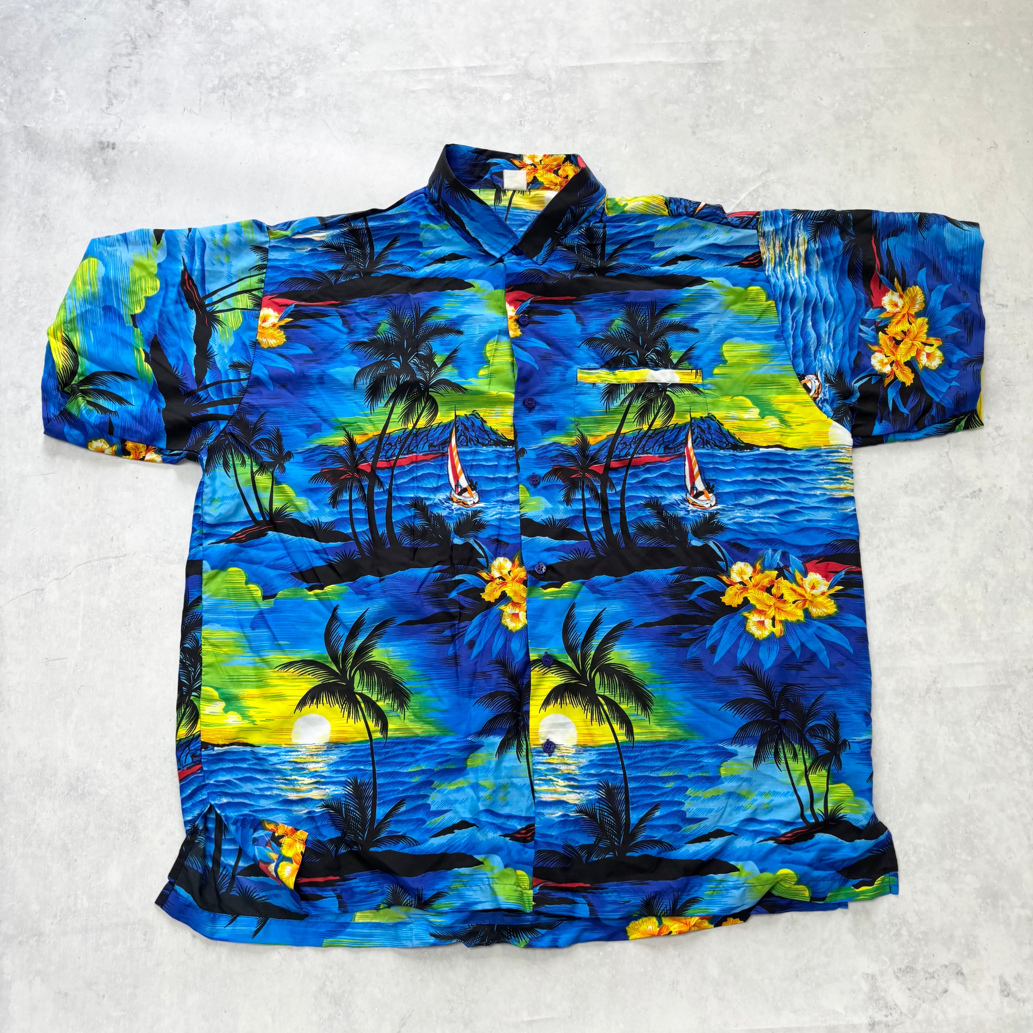 Hawaiian Shirt Mens XXL Blue Floral Aloha Short Sleeve Polyester (E)