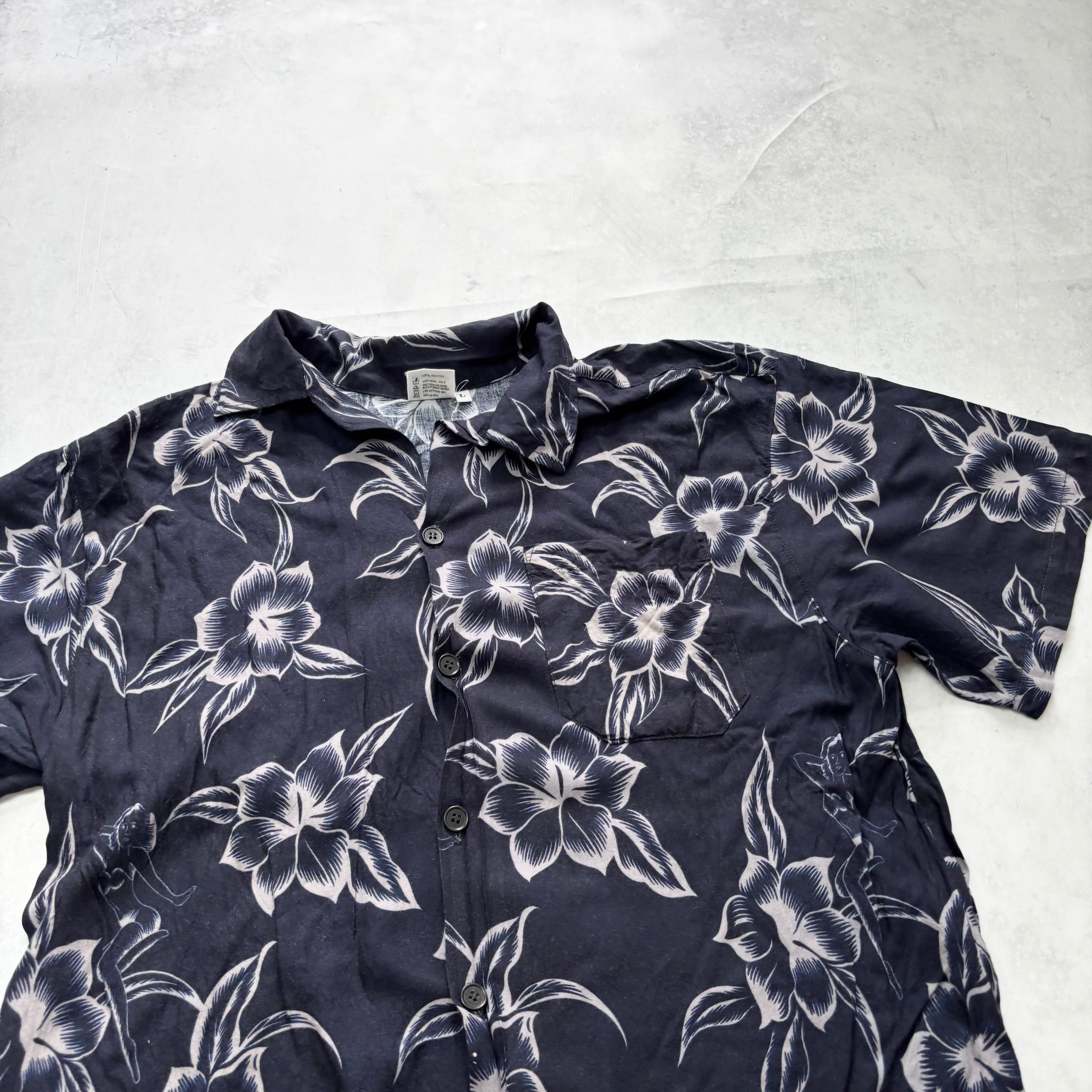 Vintage Hawaiian Shirt Mens Medium Navy Floral Aloha Short Sleeve Rayon