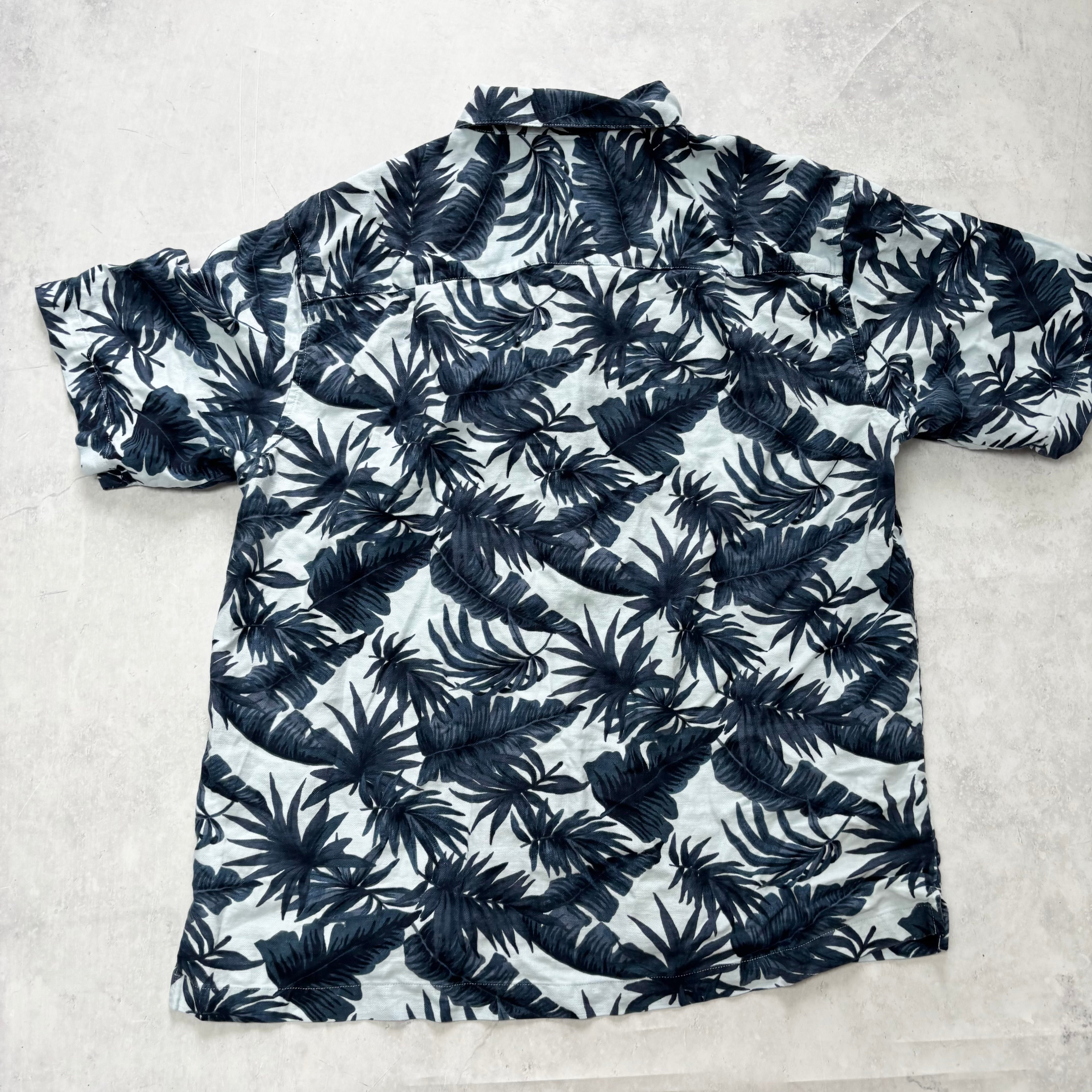 Hawaiian Shirt Mens Medium Blue Floral Aloha Short Sleeve Linen Blend (E)