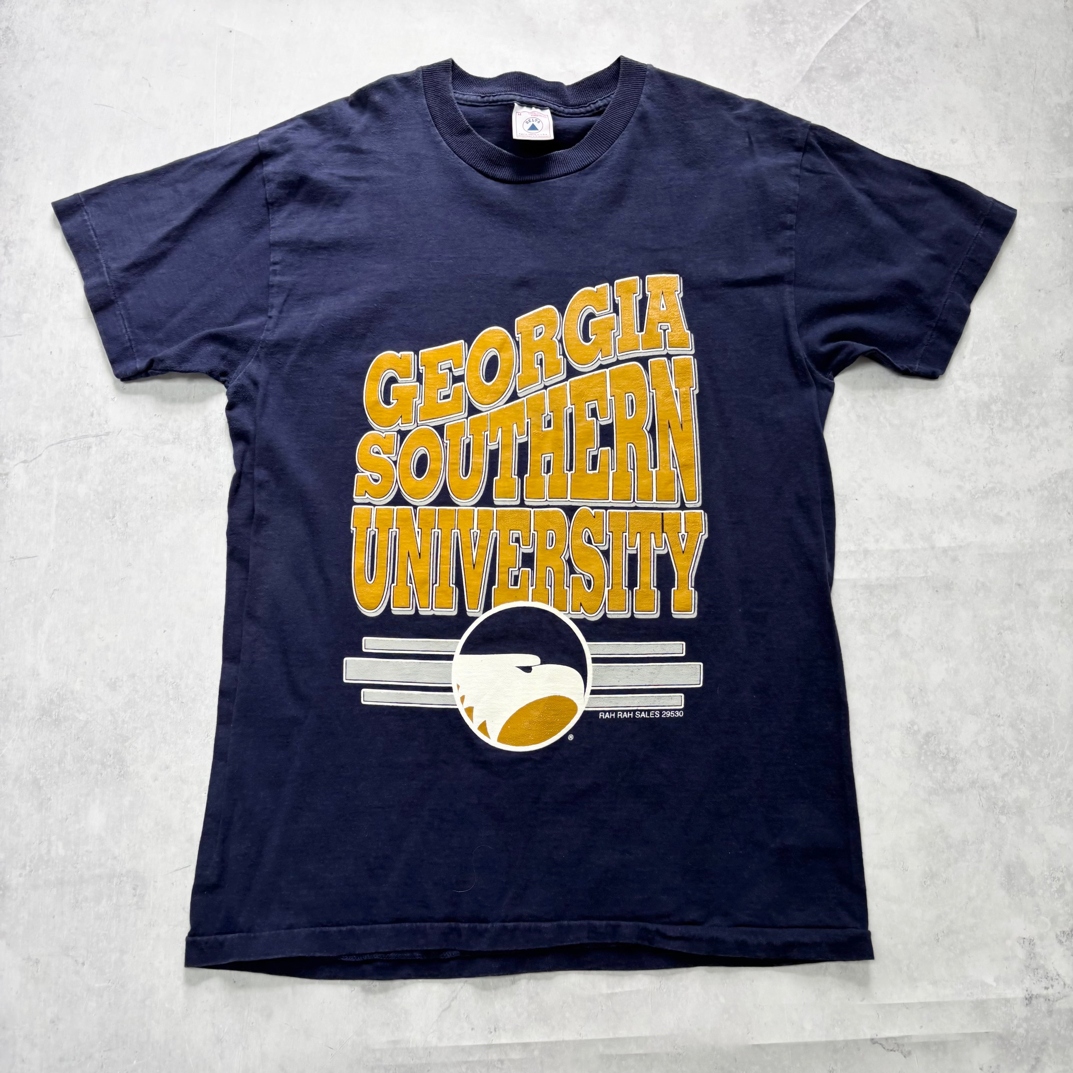 Vintage T Shirt Mens Medium Navy Blue Single Stitch Graphic Print 90s College (E)