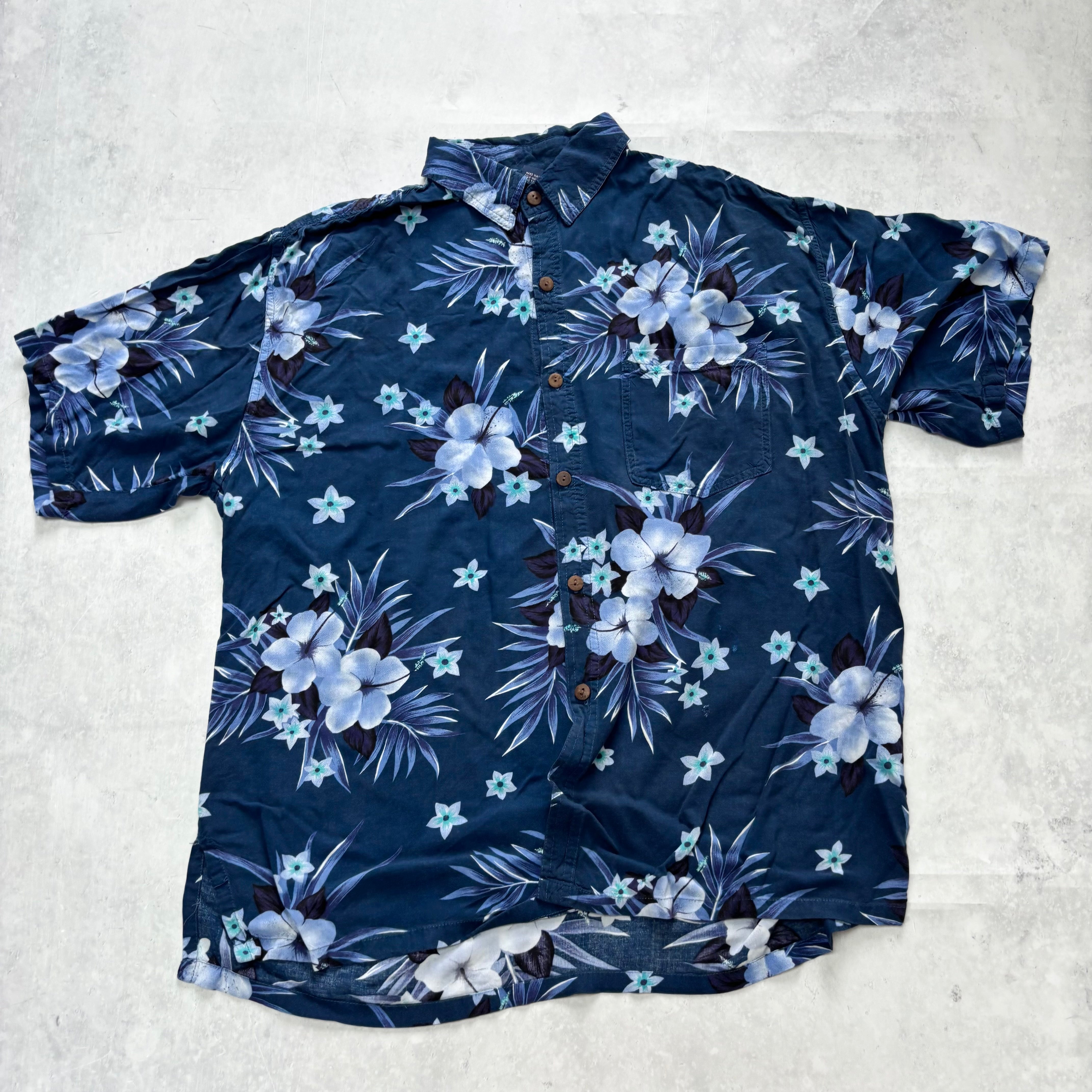 Hawaiian Shirt Mens Large Blue Floral Aloha Short Sleeve Rayon (F)