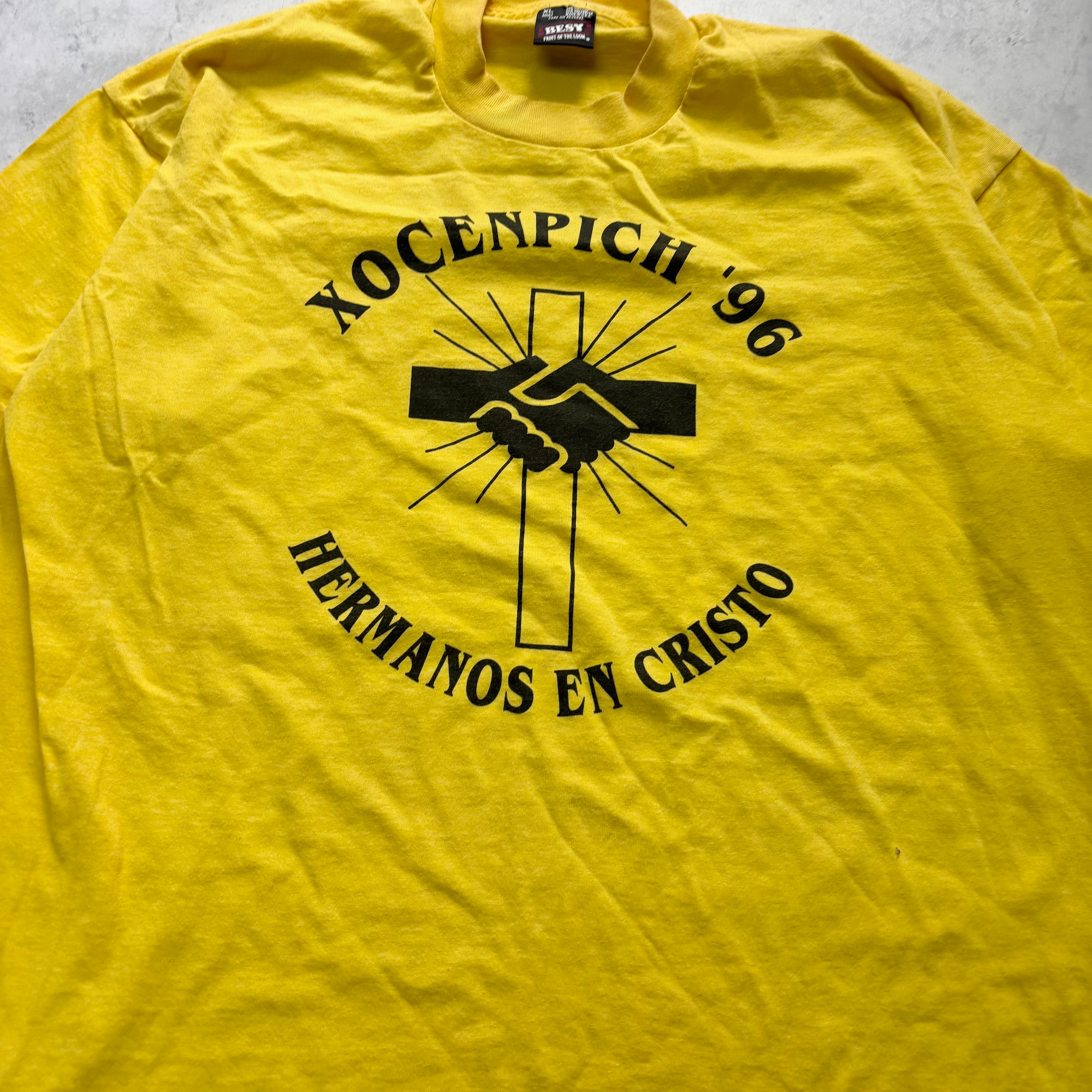 Vintage T Shirt Mens XL Yellow Single Stitch Graphic Print 90s USA Religious (E)