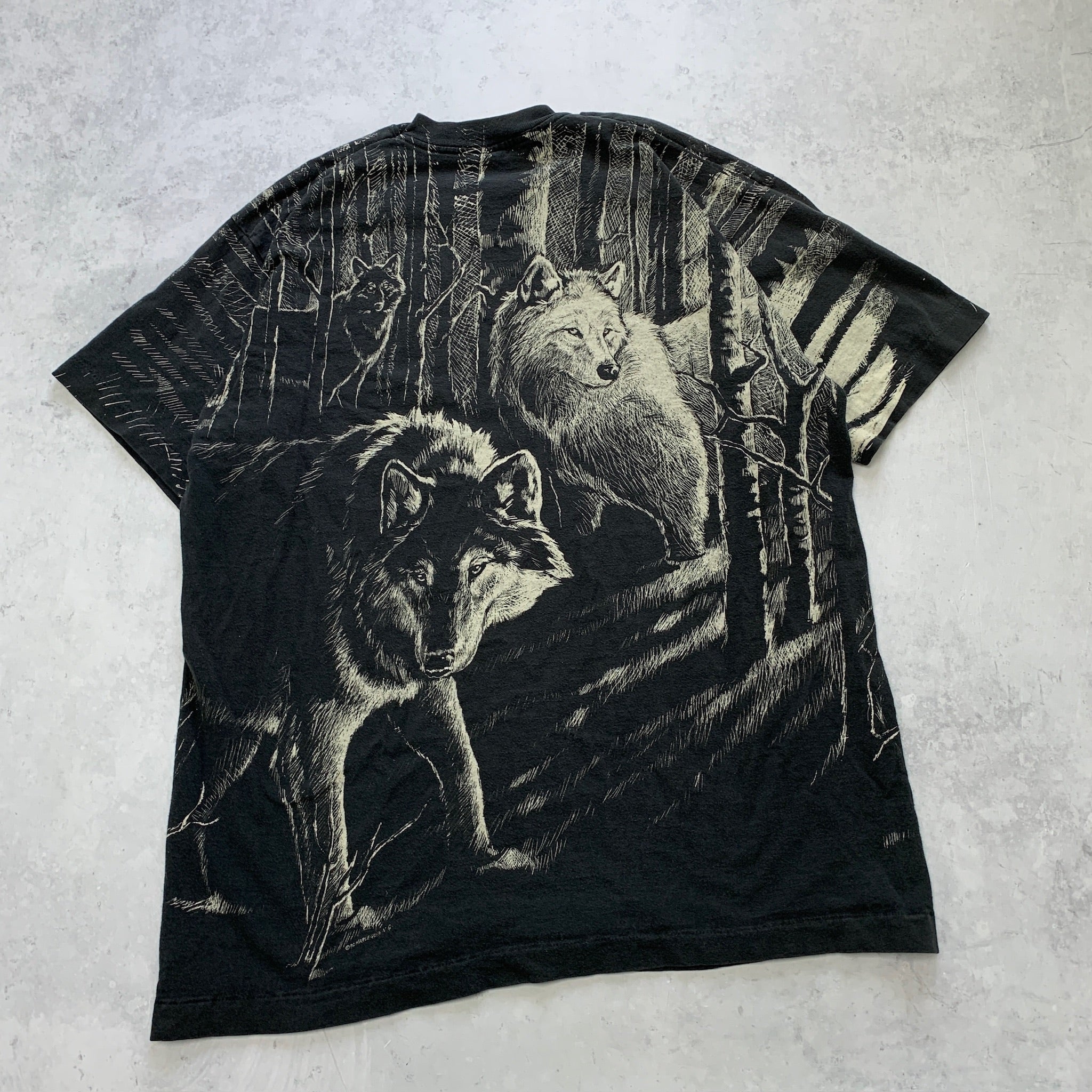 Vintage T Shirt Mens XL Black Single Stitch Graphic Print 90s AOP Wolves Nature