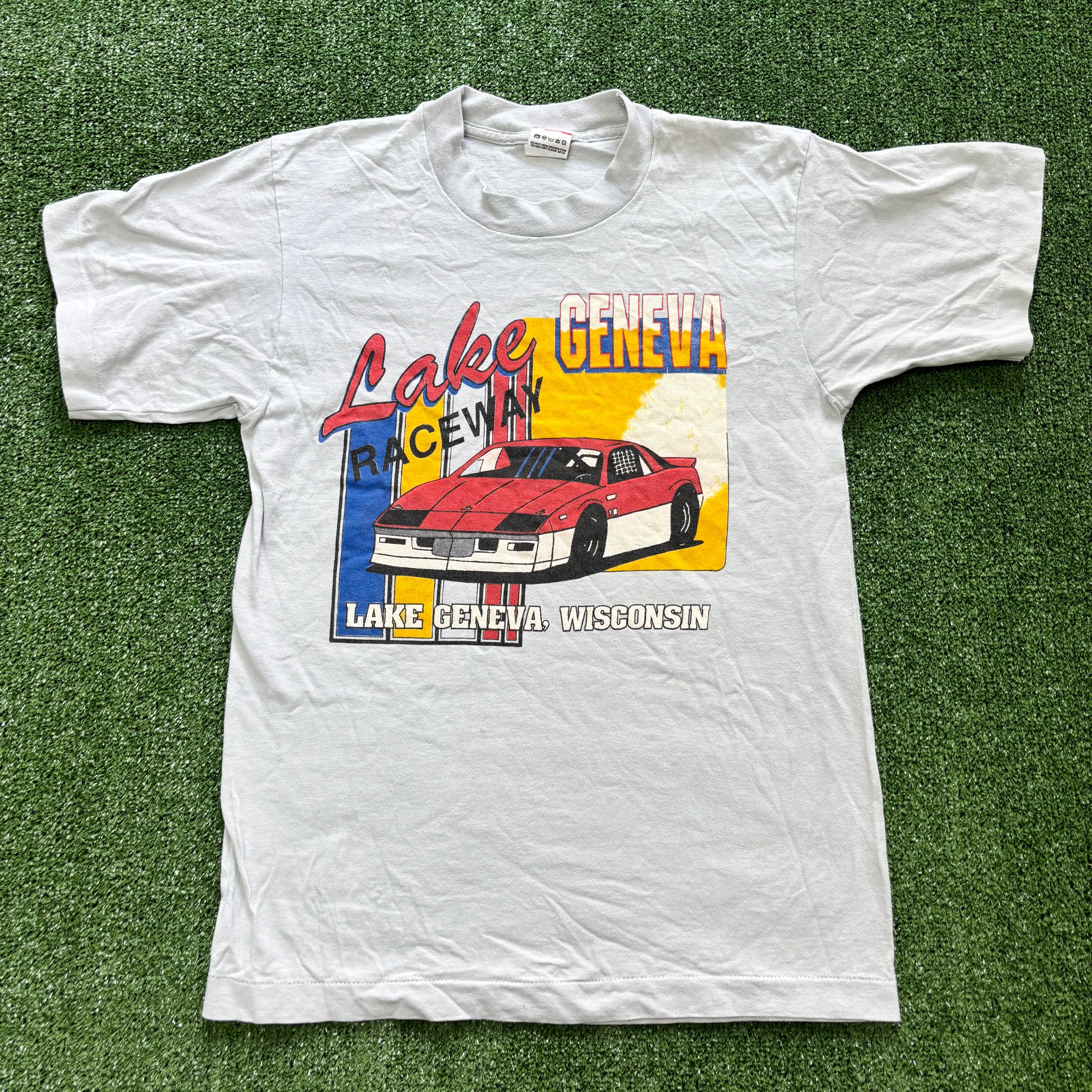 Vintage T Shirt Mens Small Grey Single Stitch Graphic Print 90s Racing