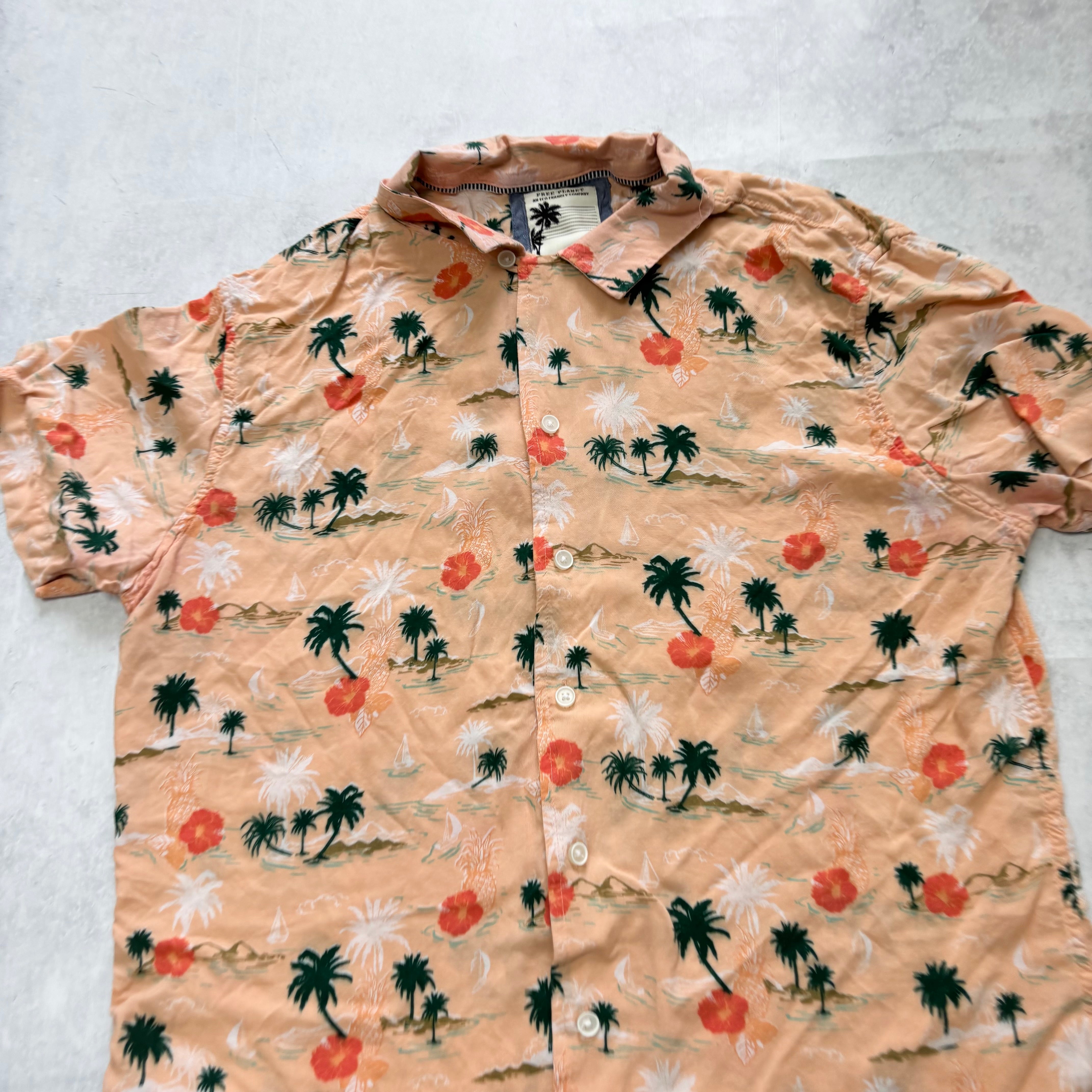 Hawaiian Shirt Mens Large Peach Floral Aloha Short Sleeve Rayon Slim Fit (E)
