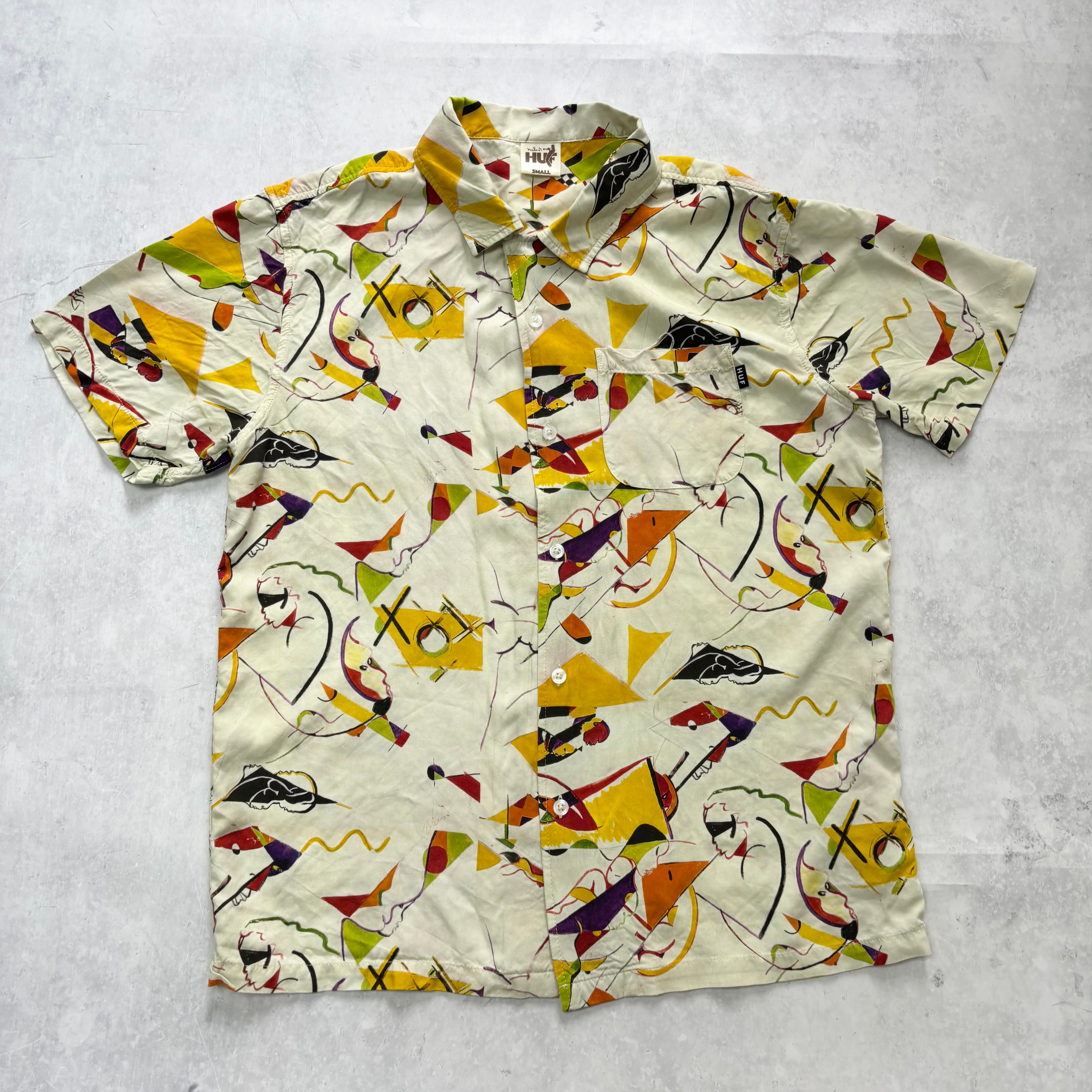 Huf Shirt Mens Small Multicoloured Abstract Art Short Sleeve Rayon (E)