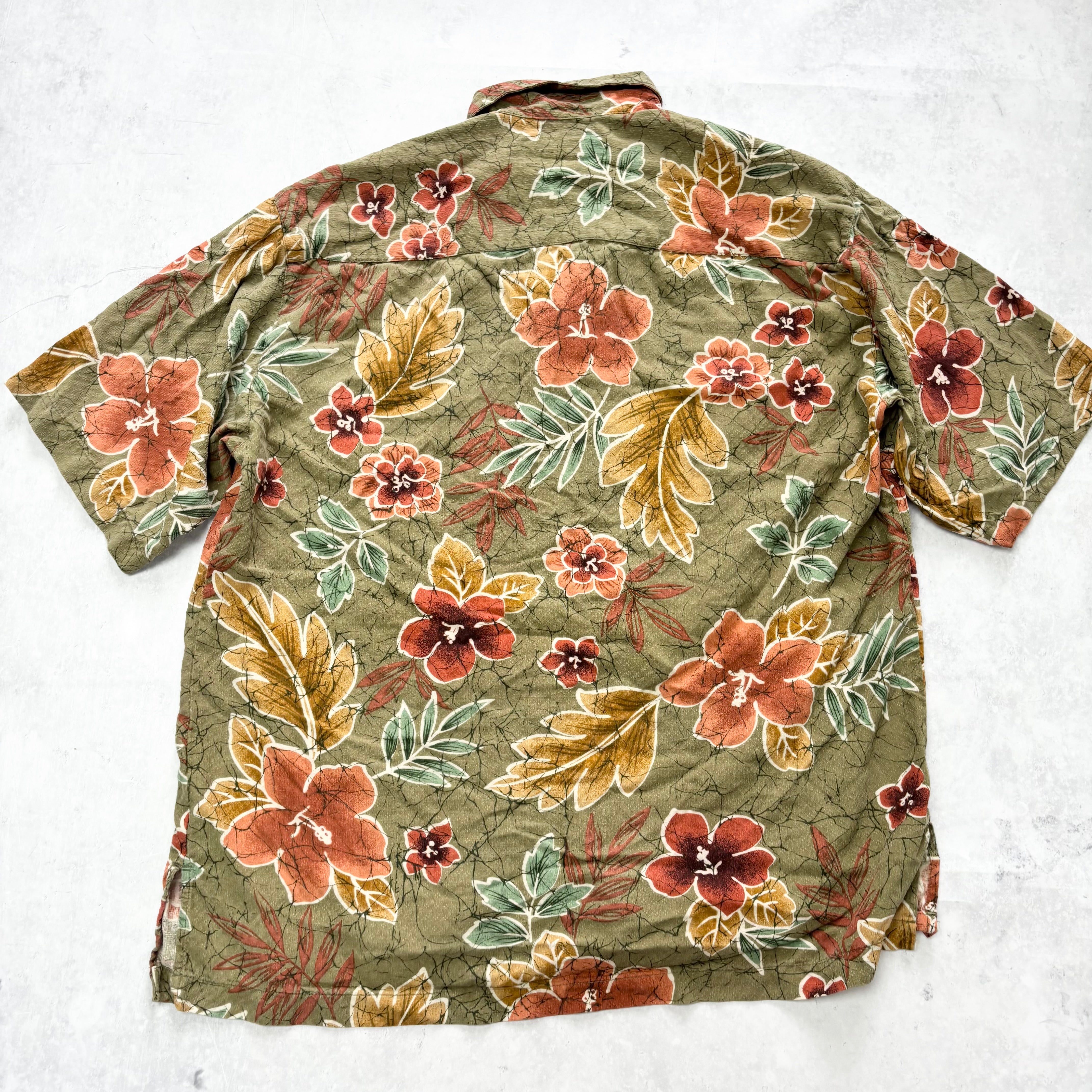 Vintage Hawaiian Shirt Mens Large Green Floral Aloha Short Sleeve Silk (E)