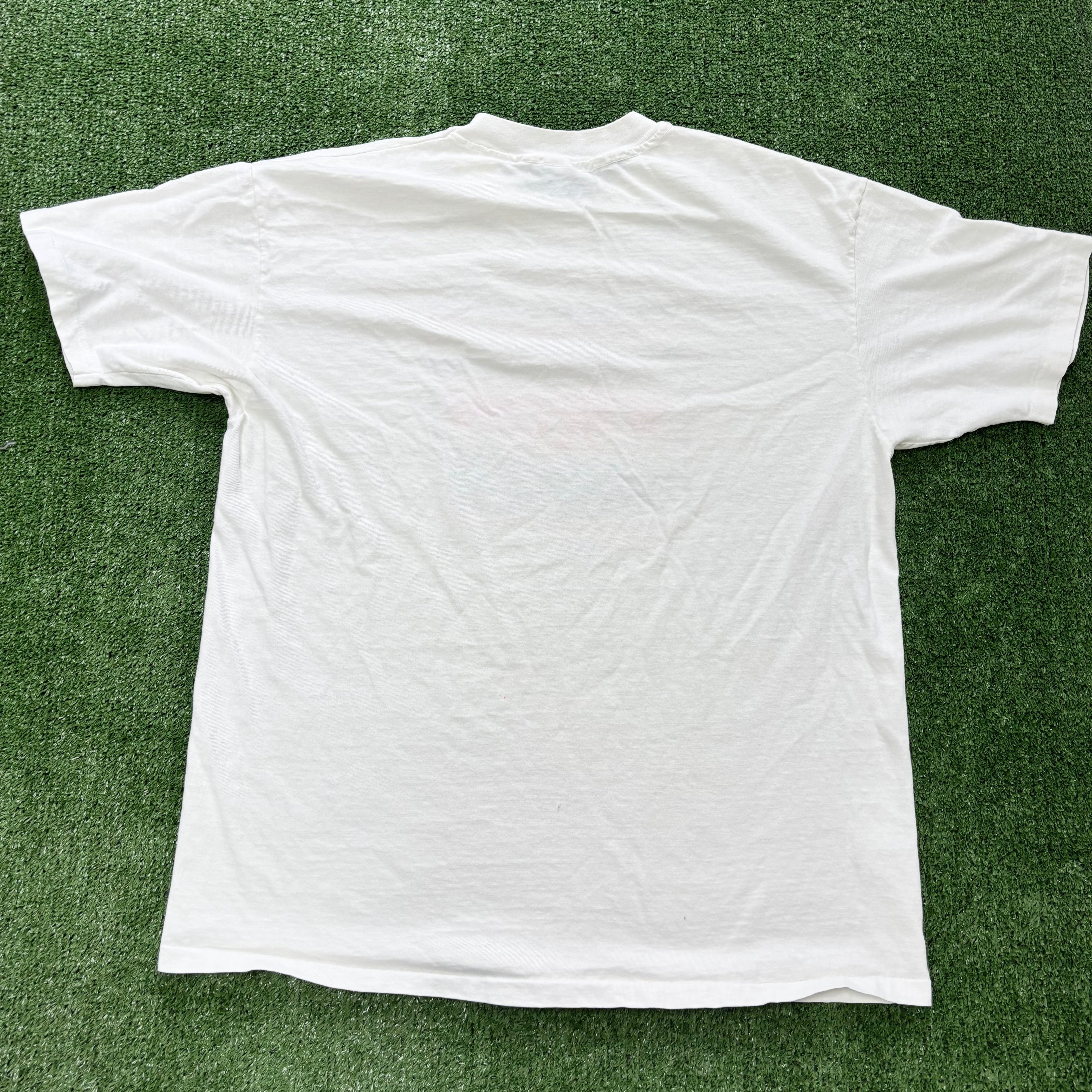 Vintage T Shirt Mens Large White Single Stitch Graphic Print 90s (E)
