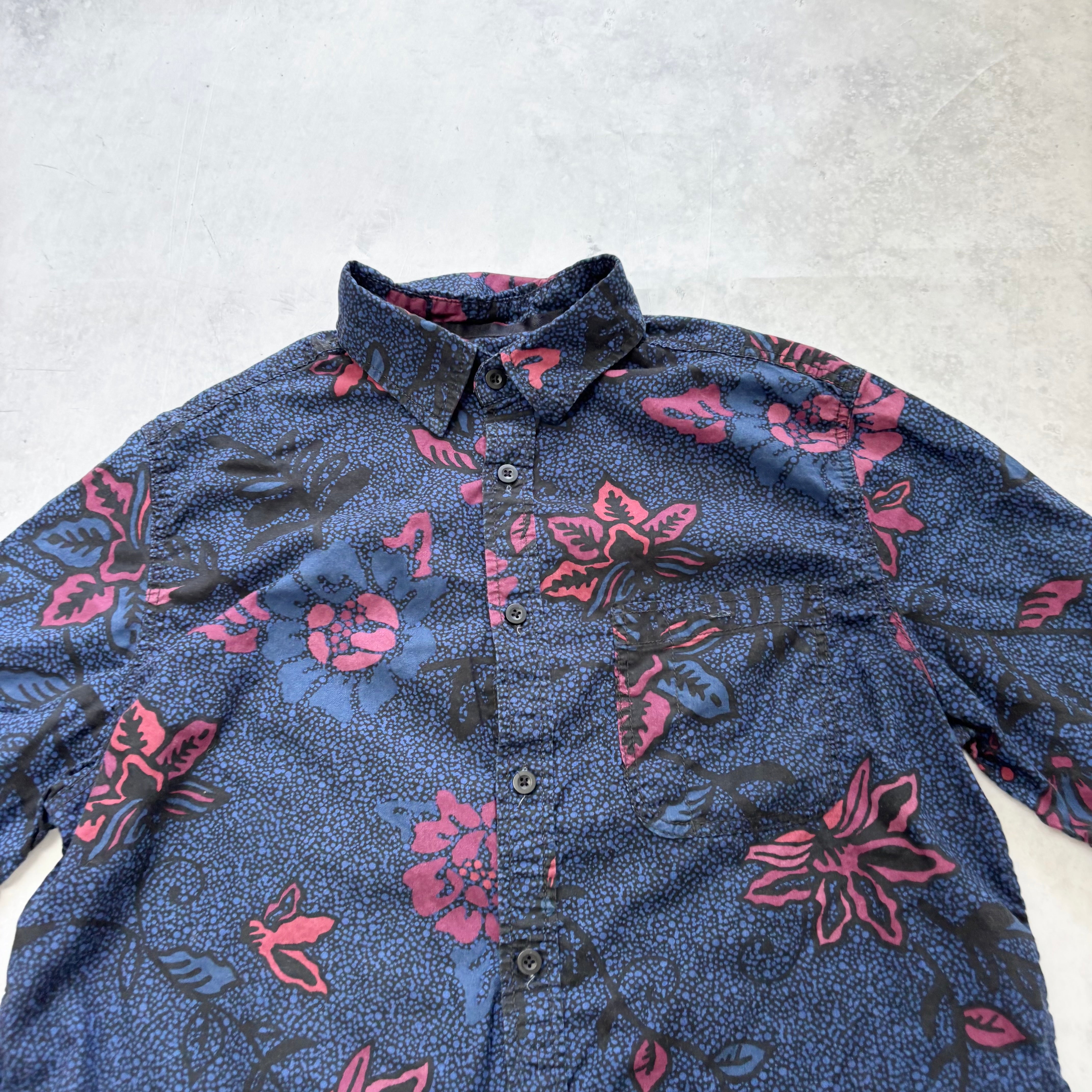 Hawaiian Shirt Mens Large Blue Floral Aloha Short Sleeve Cotton (E)