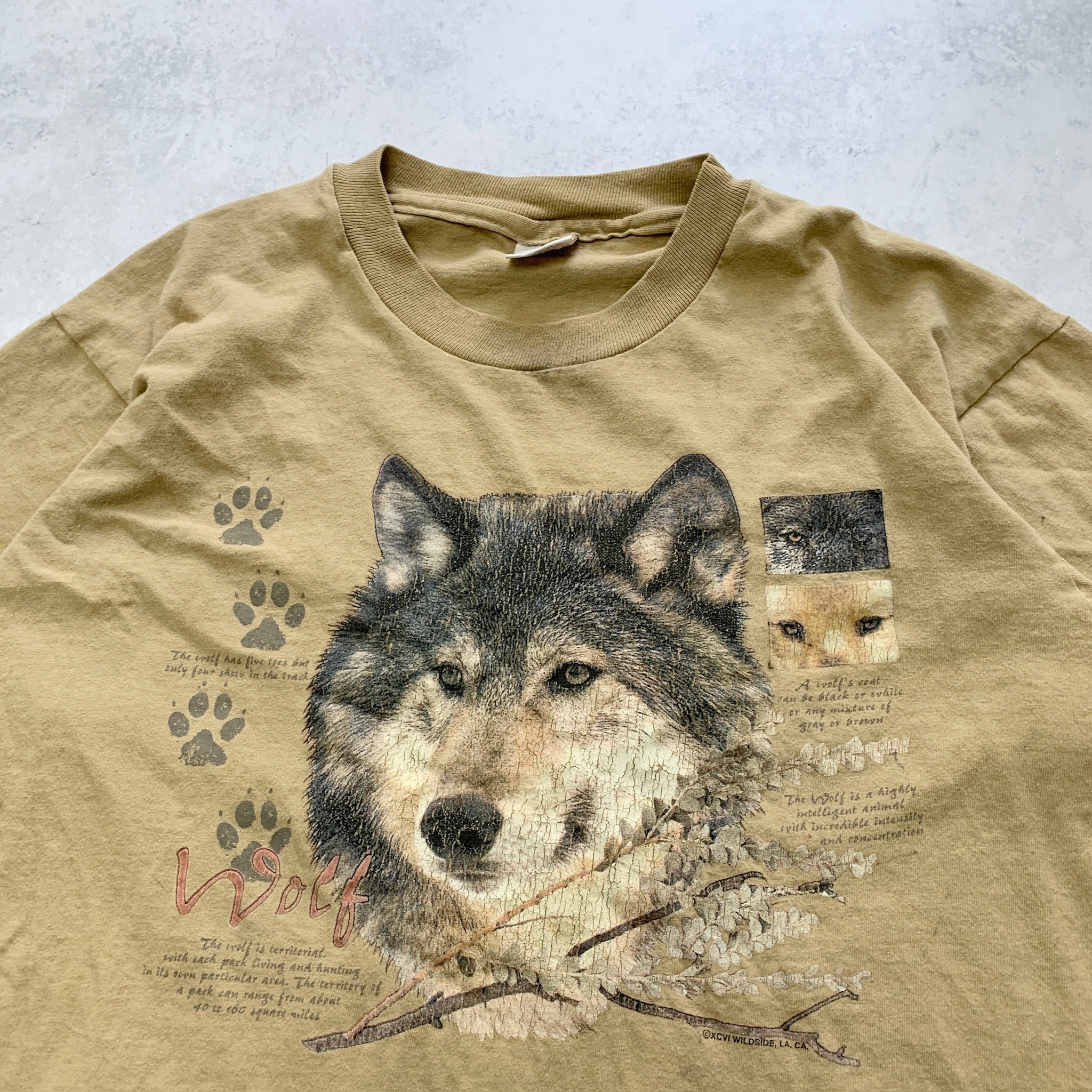 Vintage T Shirt Mens Medium Tan Beige Single Stitch Graphic Print 90s USA Wolves