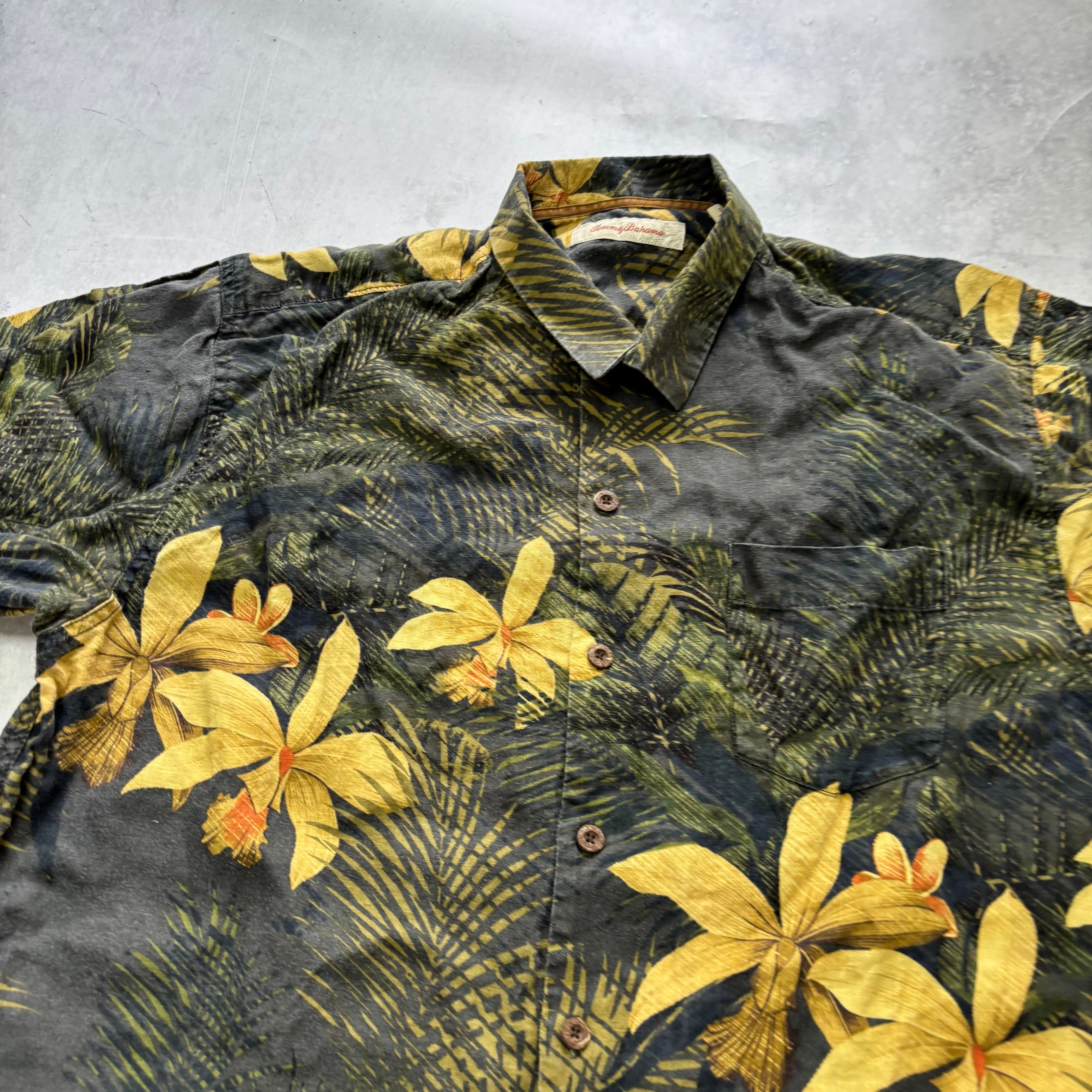Vintage Hawaiian Shirt Mens Large Green Floral Cotton Tommy Bahama (E)