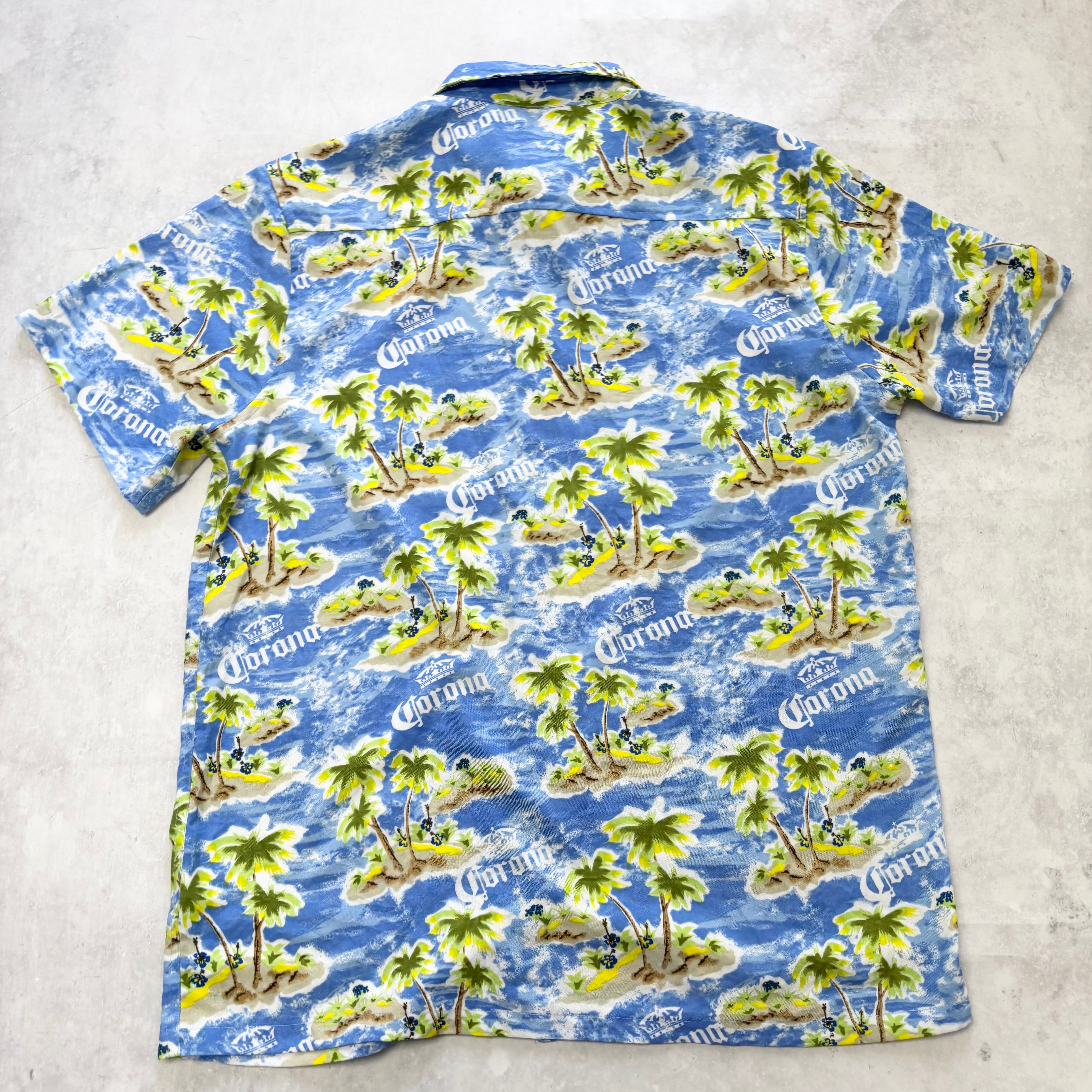 Corona Hawaiian Shirt Mens Large Blue Floral Aloha Short Sleeve Polyester (E)
