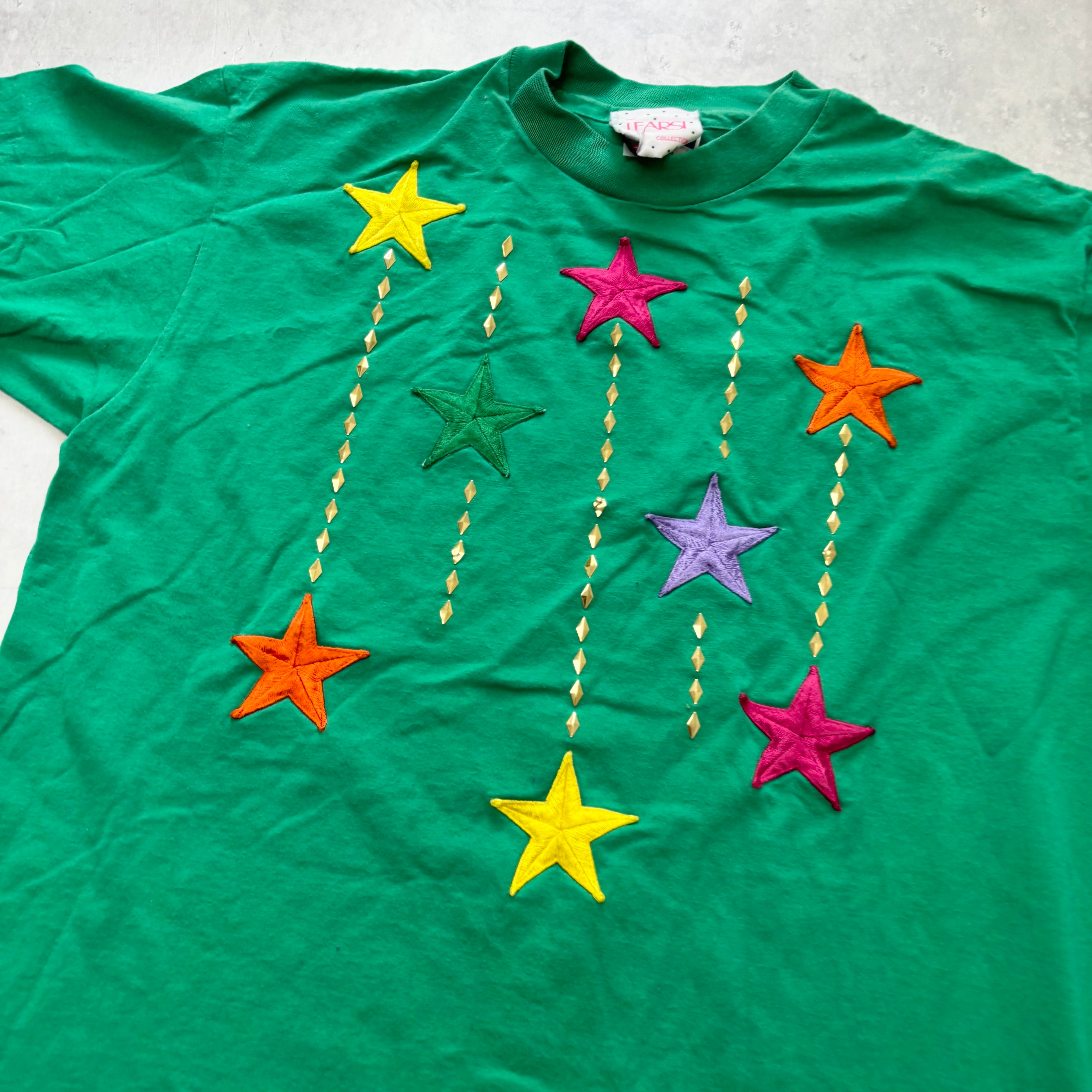 Vintage T Shirt Mens Medium Green Single Stitch Graphic Print 90s Stars (E)