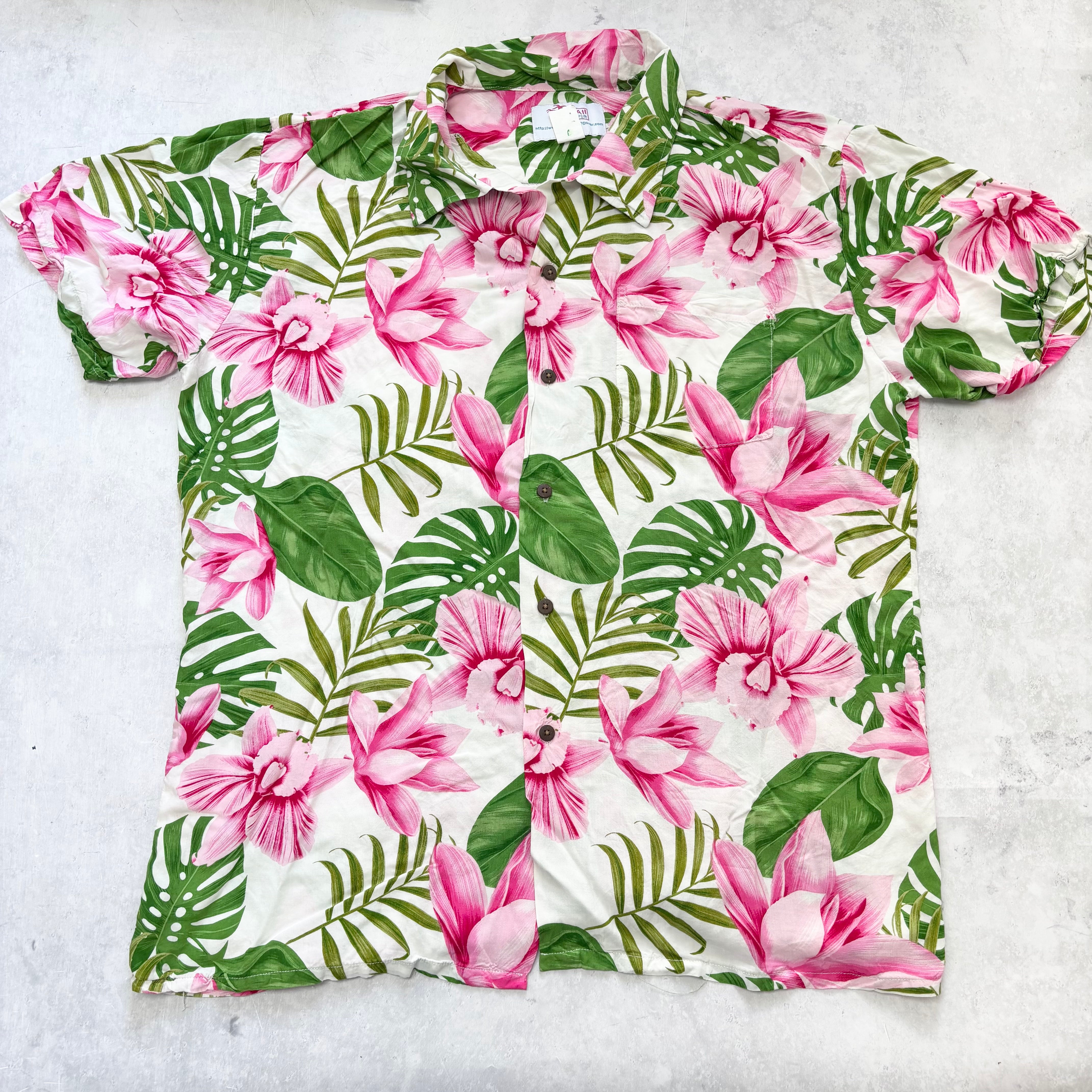 Hawaiian Shirt Mens Large Pink Floral Aloha Short Sleeve Rayon (E)