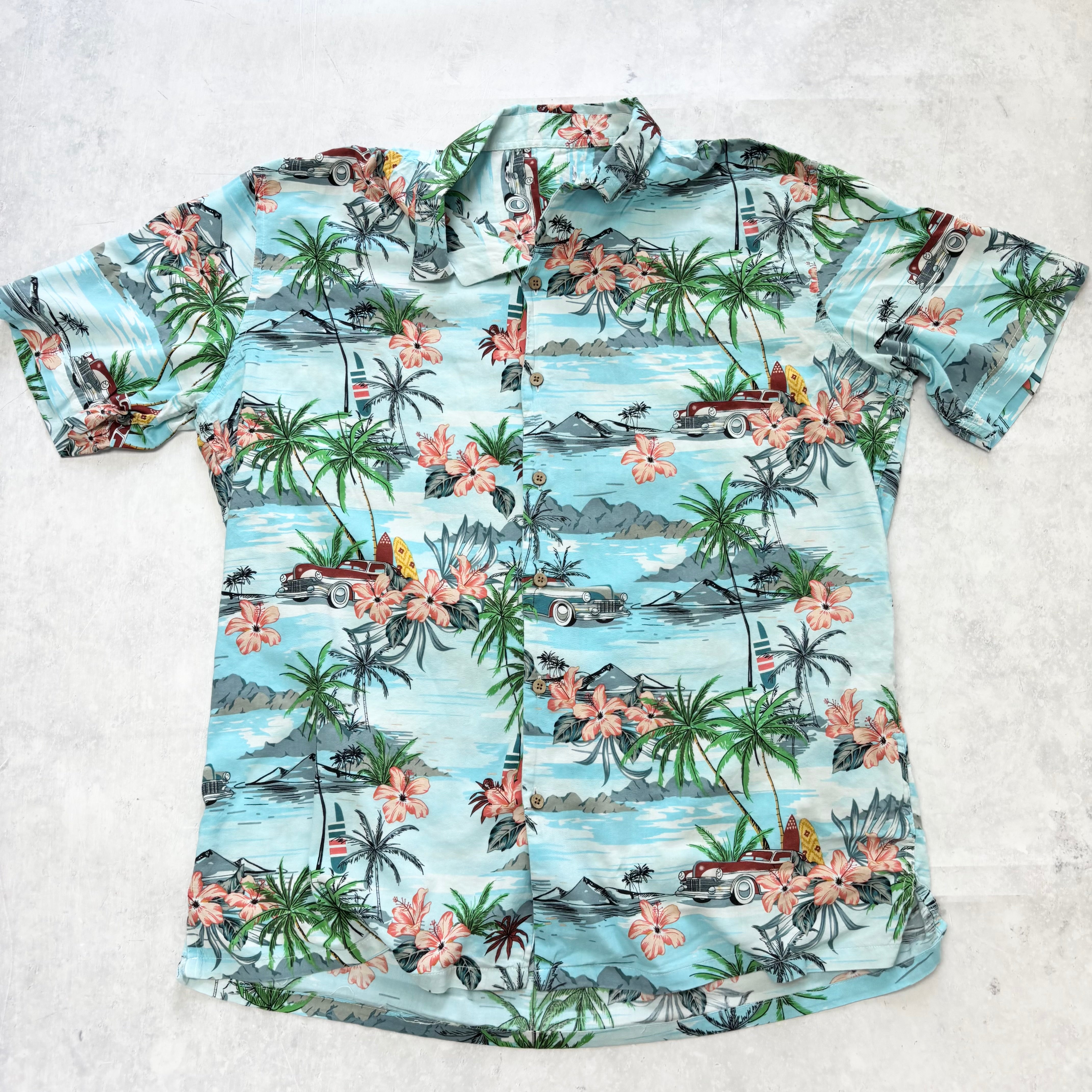Hawaiian Shirt Mens Large Blue Floral Aloha Short Sleeve Viscose (E)