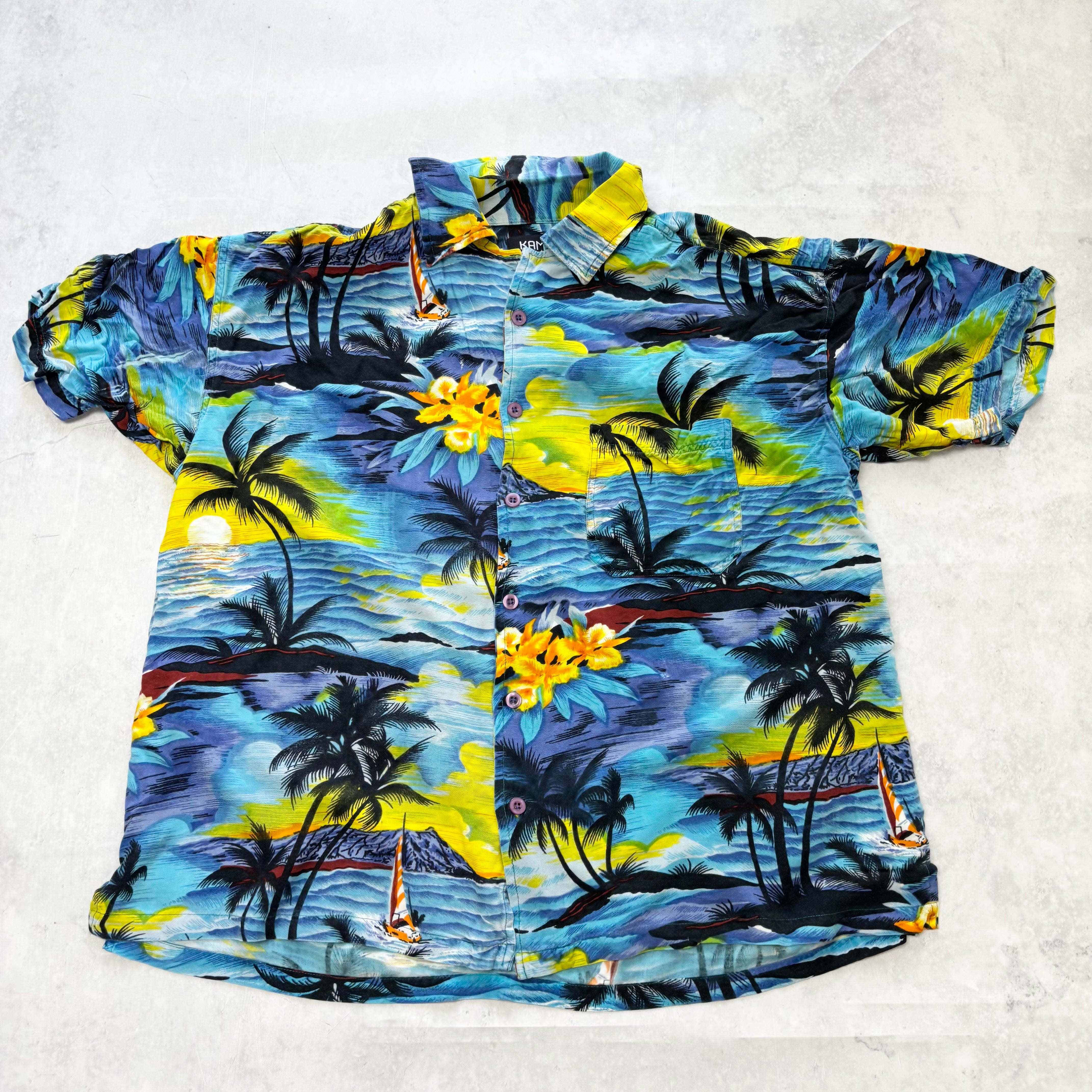 Vintage Hawaiian Shirt Mens Large Blue Floral Aloha Short Sleeve Viscose (E)