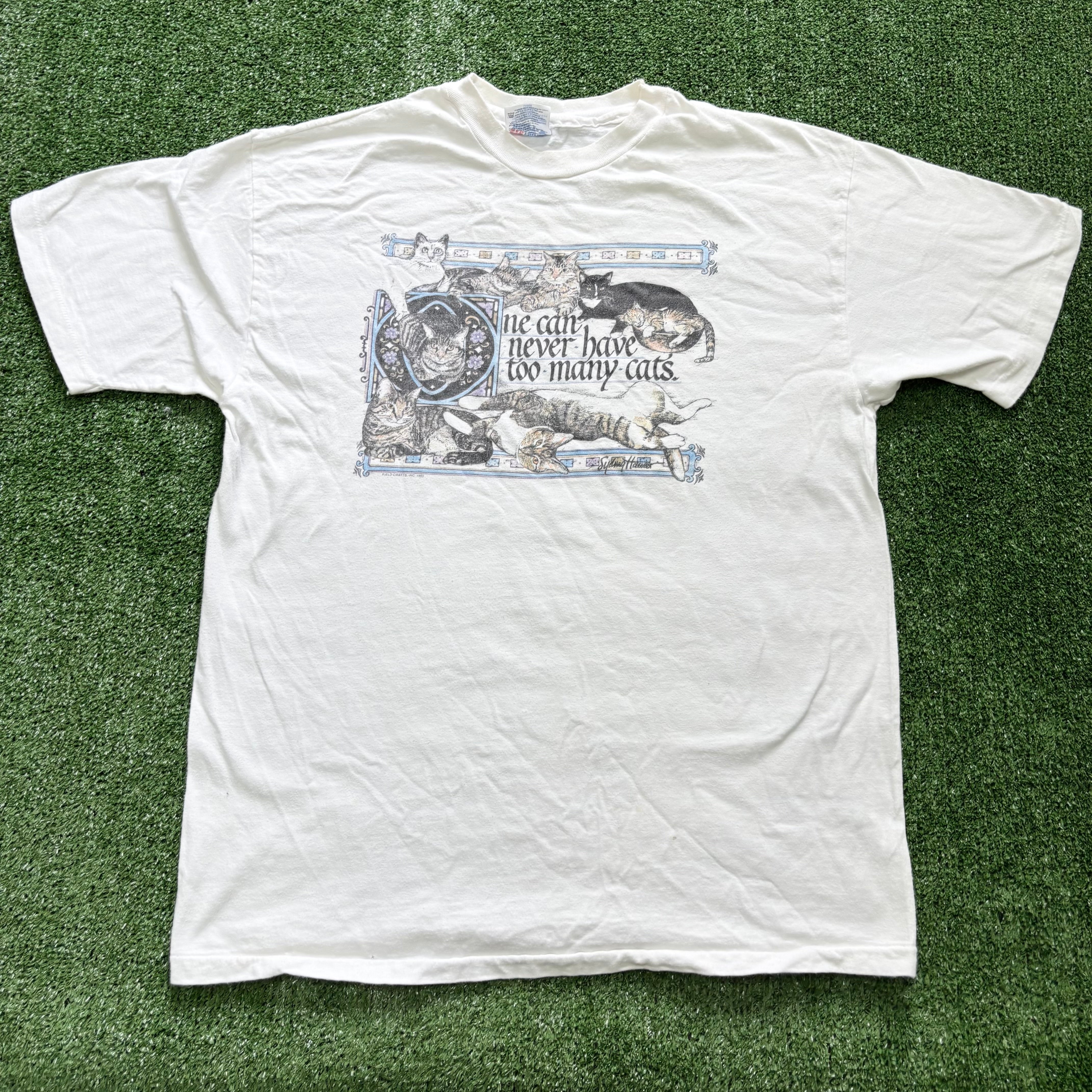 Vintage T Shirt Mens Large White Single Stitch Graphic Print 90s USA Cats