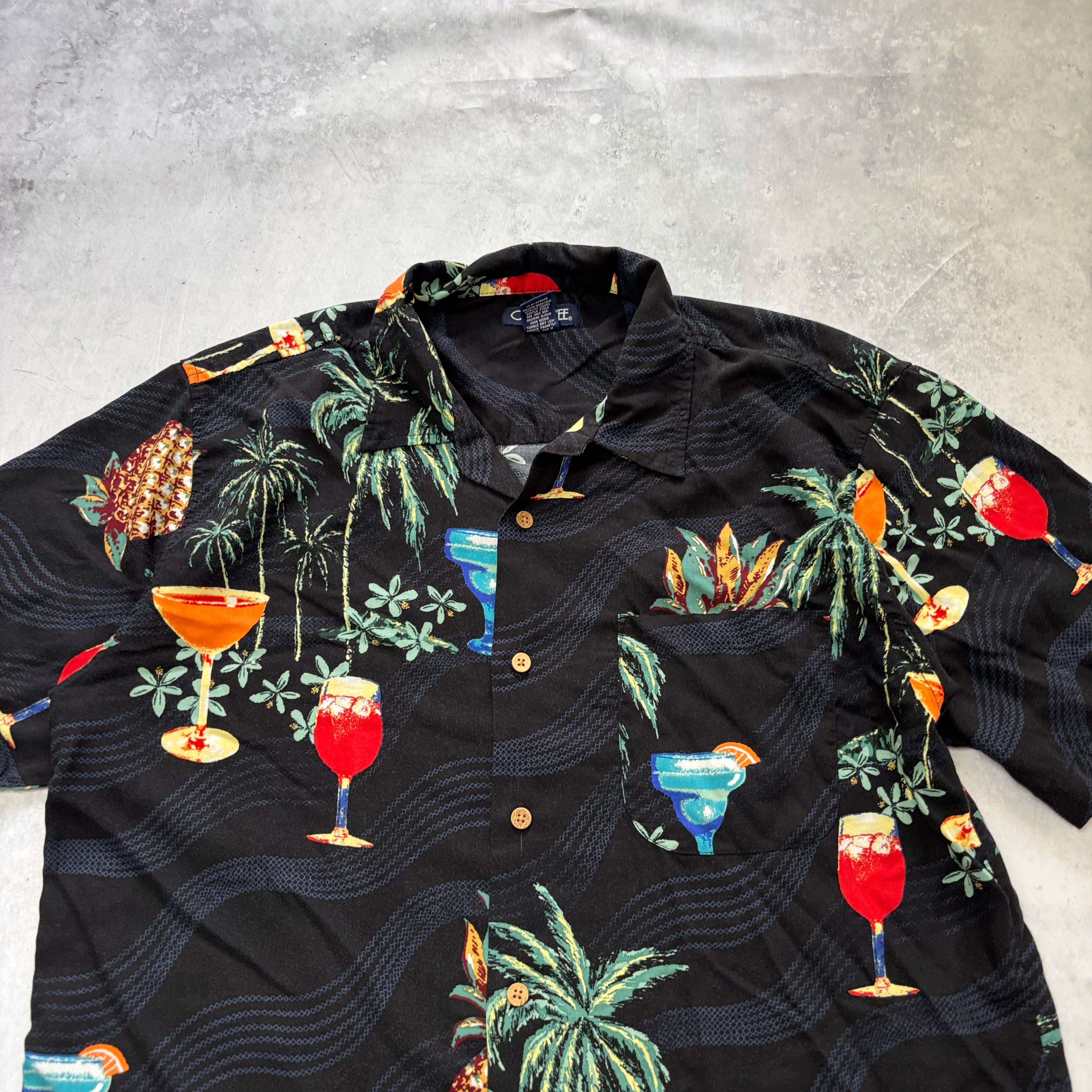 Vintage Hawaiian Shirt Mens Large Black Floral Aloha Short Sleeve Rayon (E)