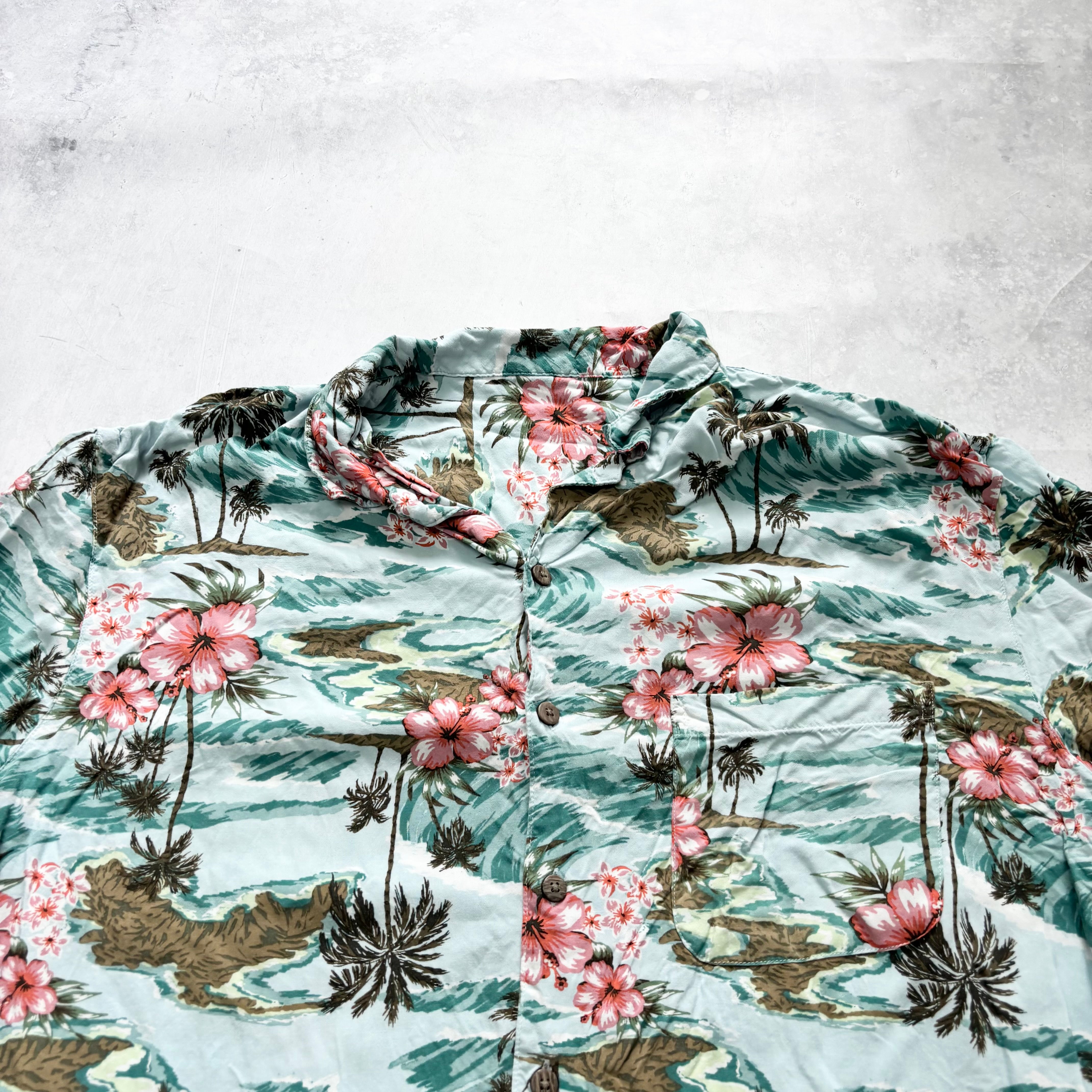 Hawaiian Shirt Mens XL Blue Floral Aloha Short Sleeve Rayon (E)