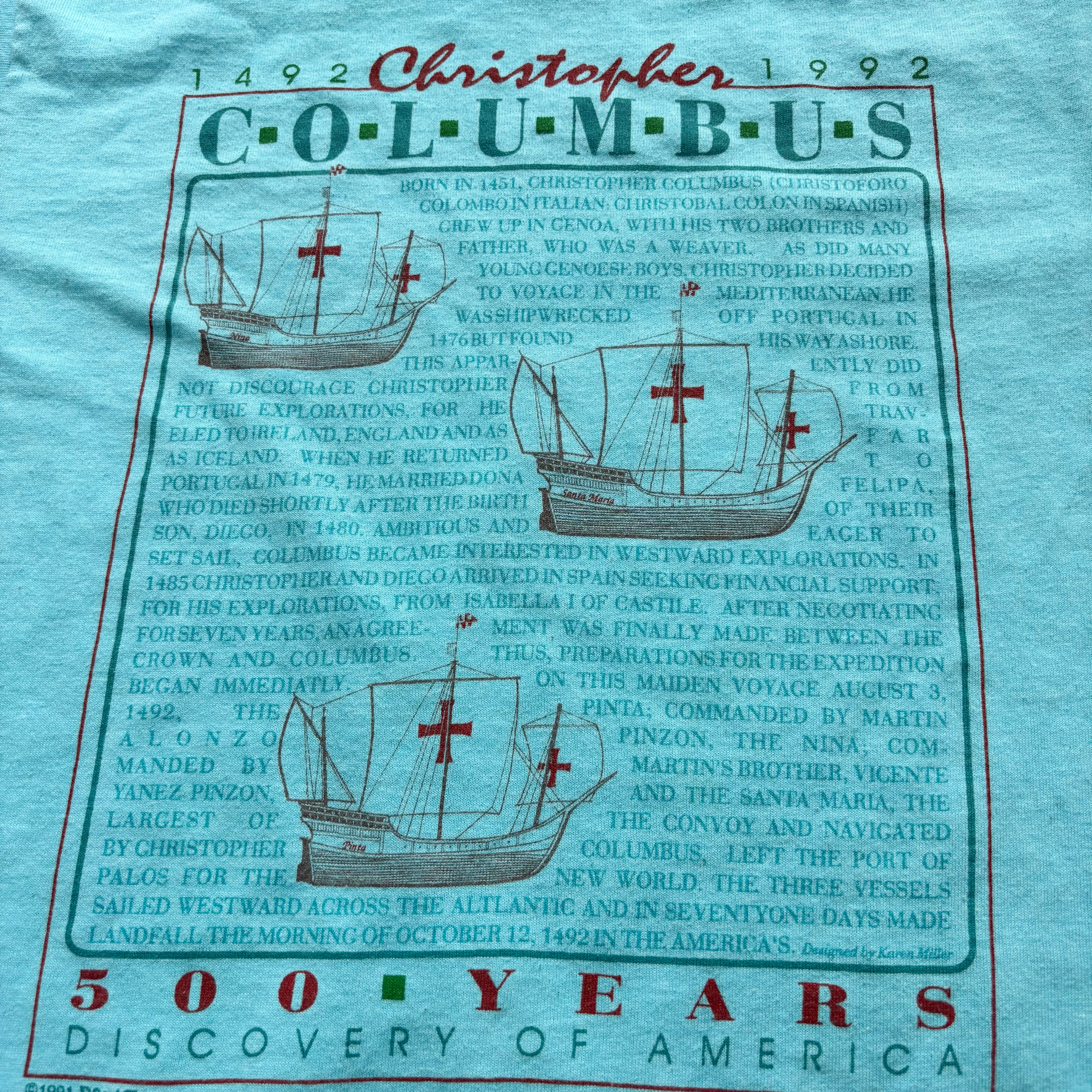 Vintage T Shirt Mens XS Blue Single Stitch Graphic Print 90s Columbus (E)