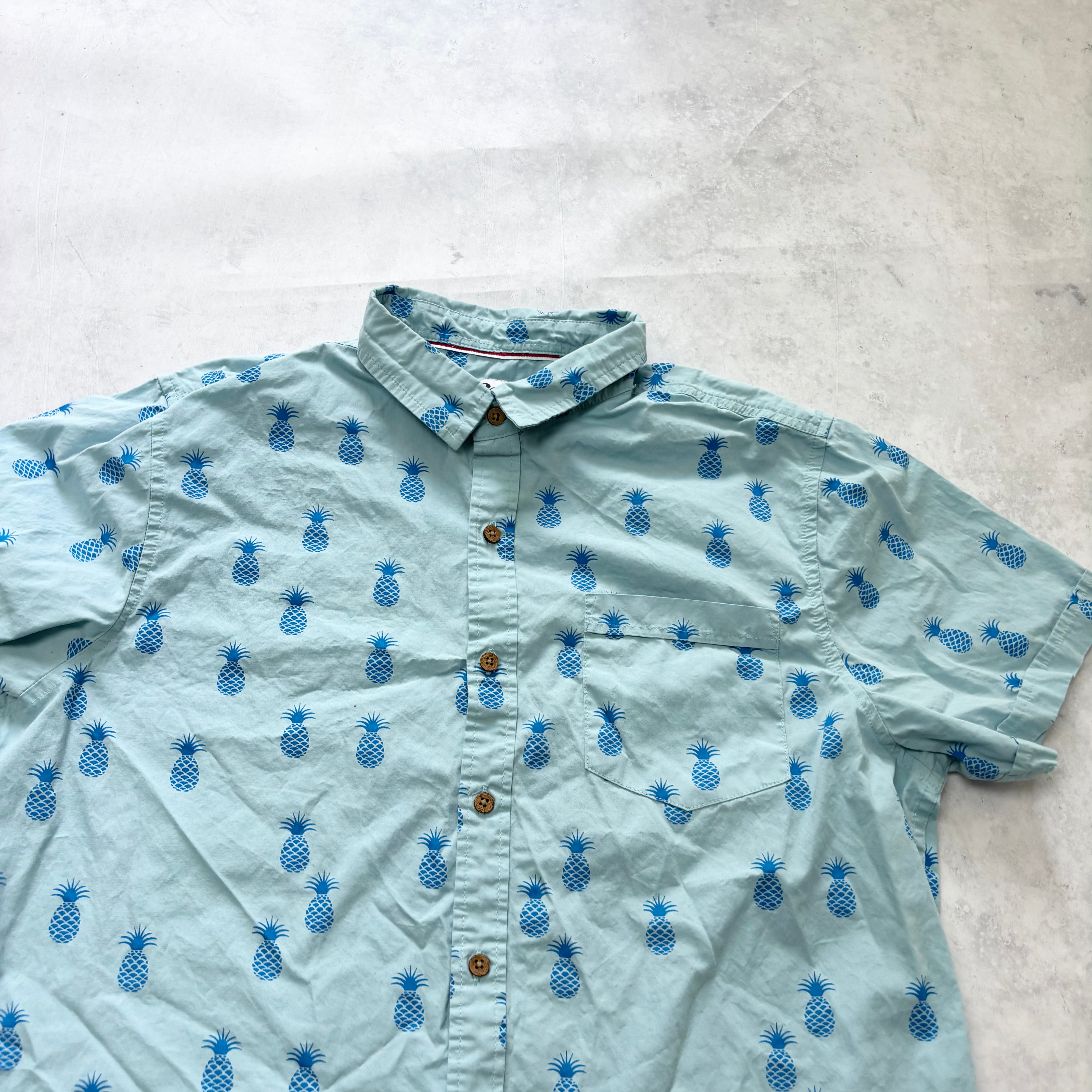 Hawaiian Shirt Mens Large Blue Floral Aloha Short Sleeve Cotton Funky (E)