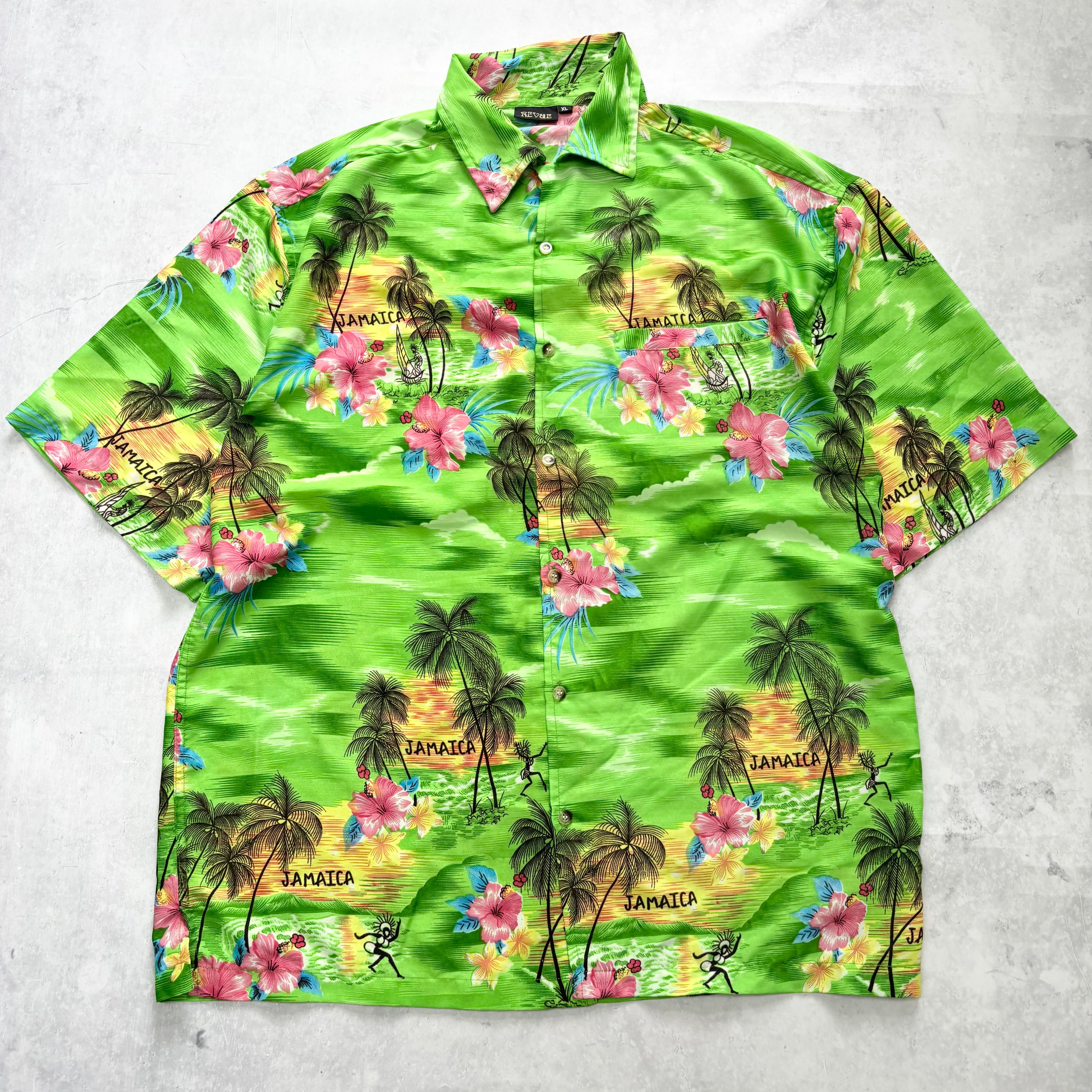 Hawaiian Shirt Mens XL Green Floral Aloha Short Sleeve Polyester (E)