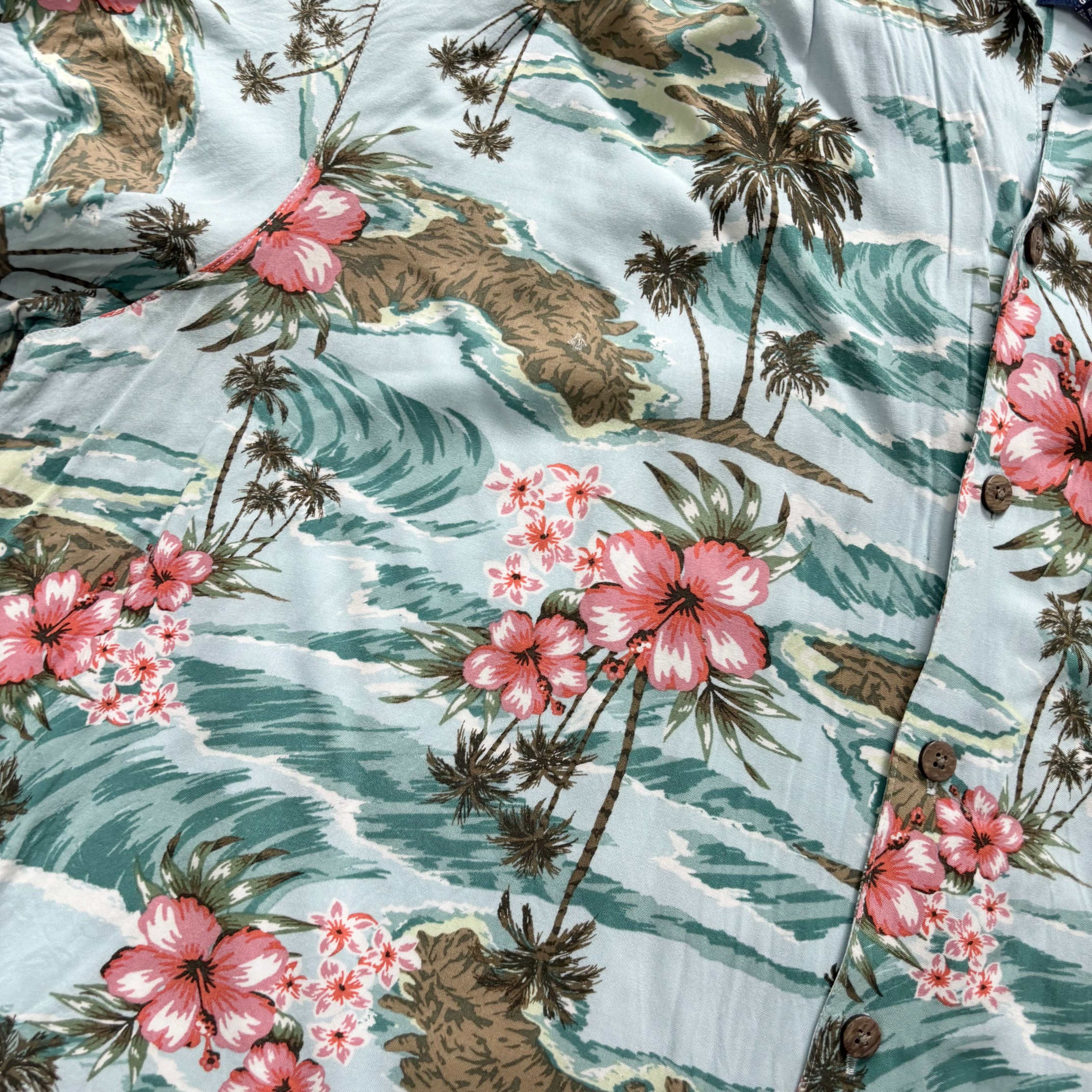 Hawaiian Shirt Mens XL Blue Floral Aloha Short Sleeve Rayon (E)
