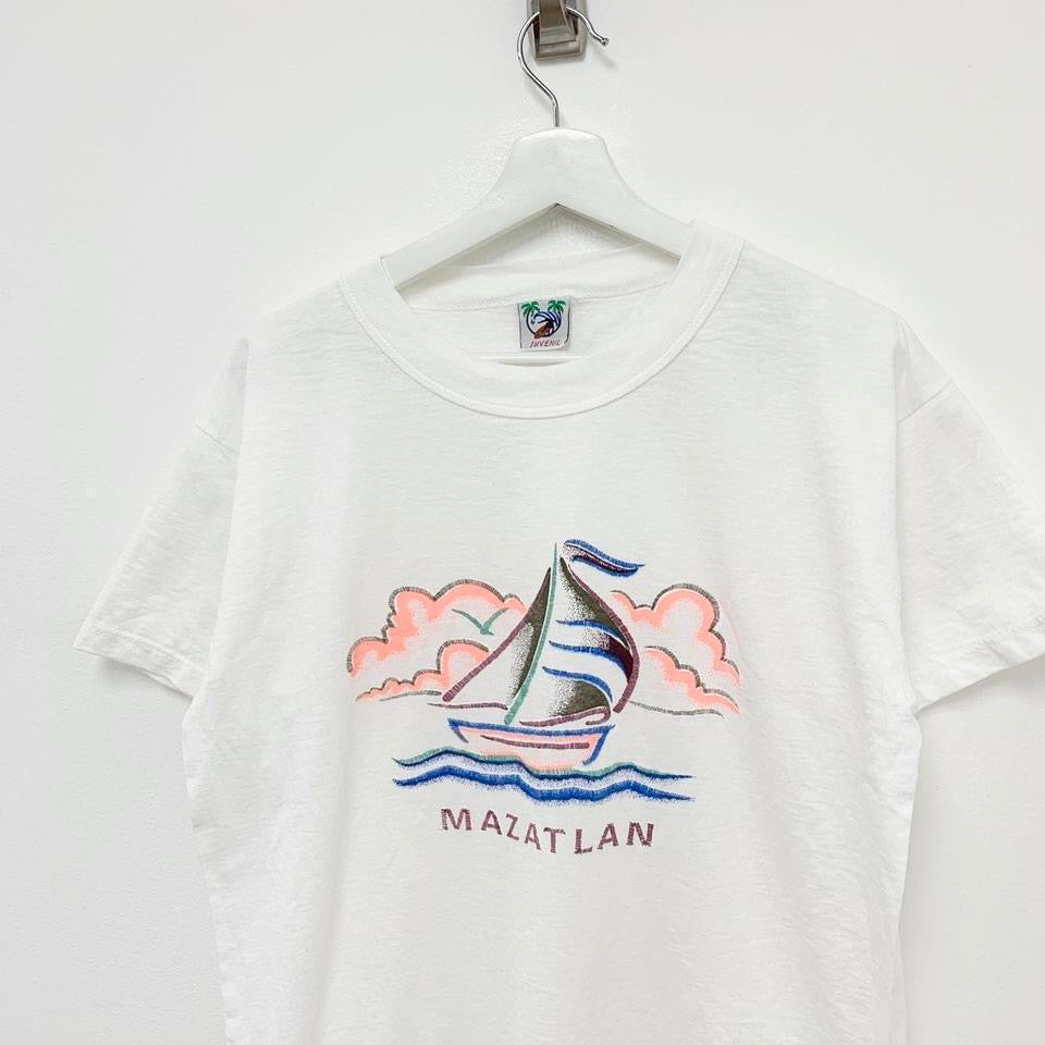 Vintage T Shirt Mens Small White Graphic Print 90s Sailing Tourist