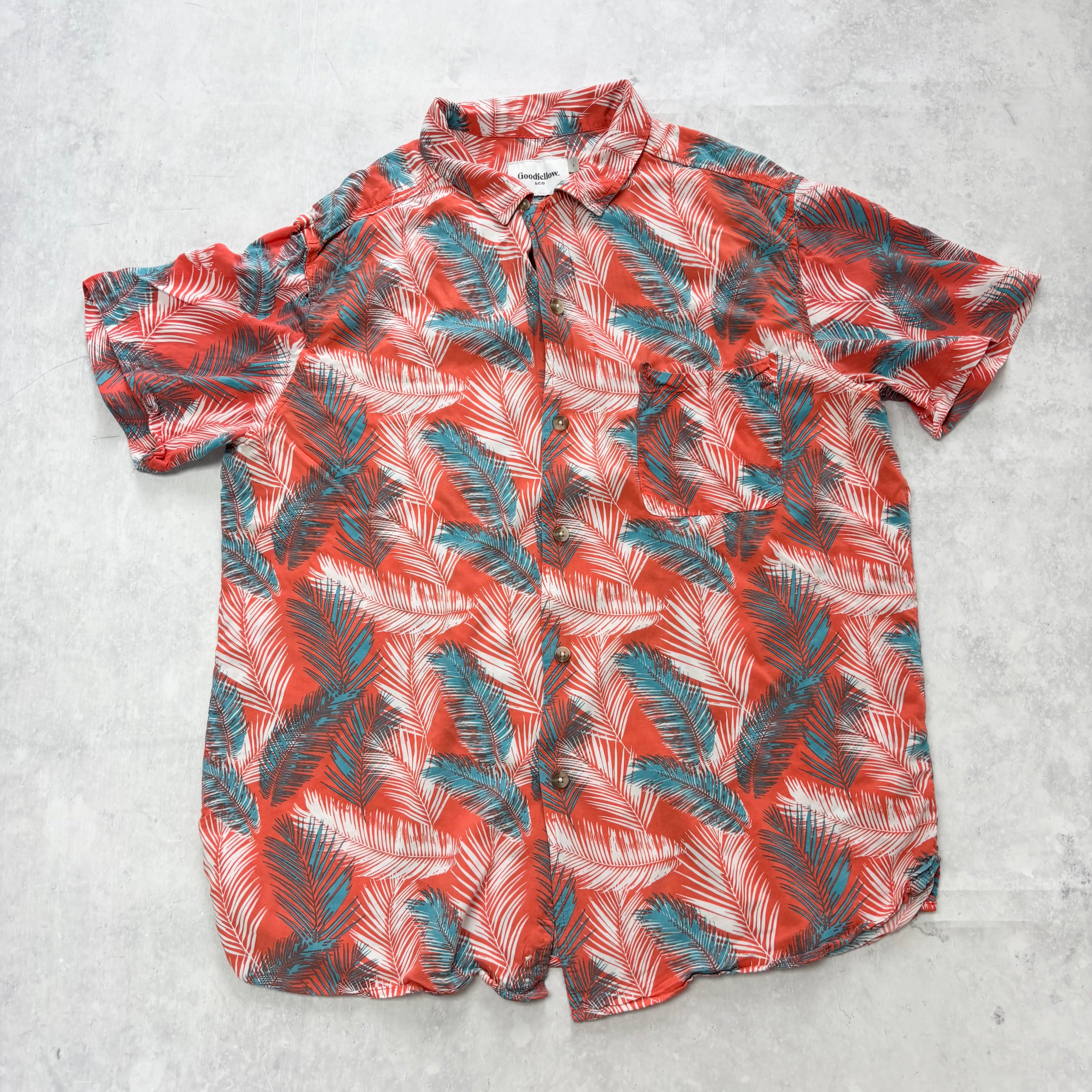 Hawaiian Shirt Mens Large Red Floral Aloha Short Sleeve Rayon Slim Fit (E)