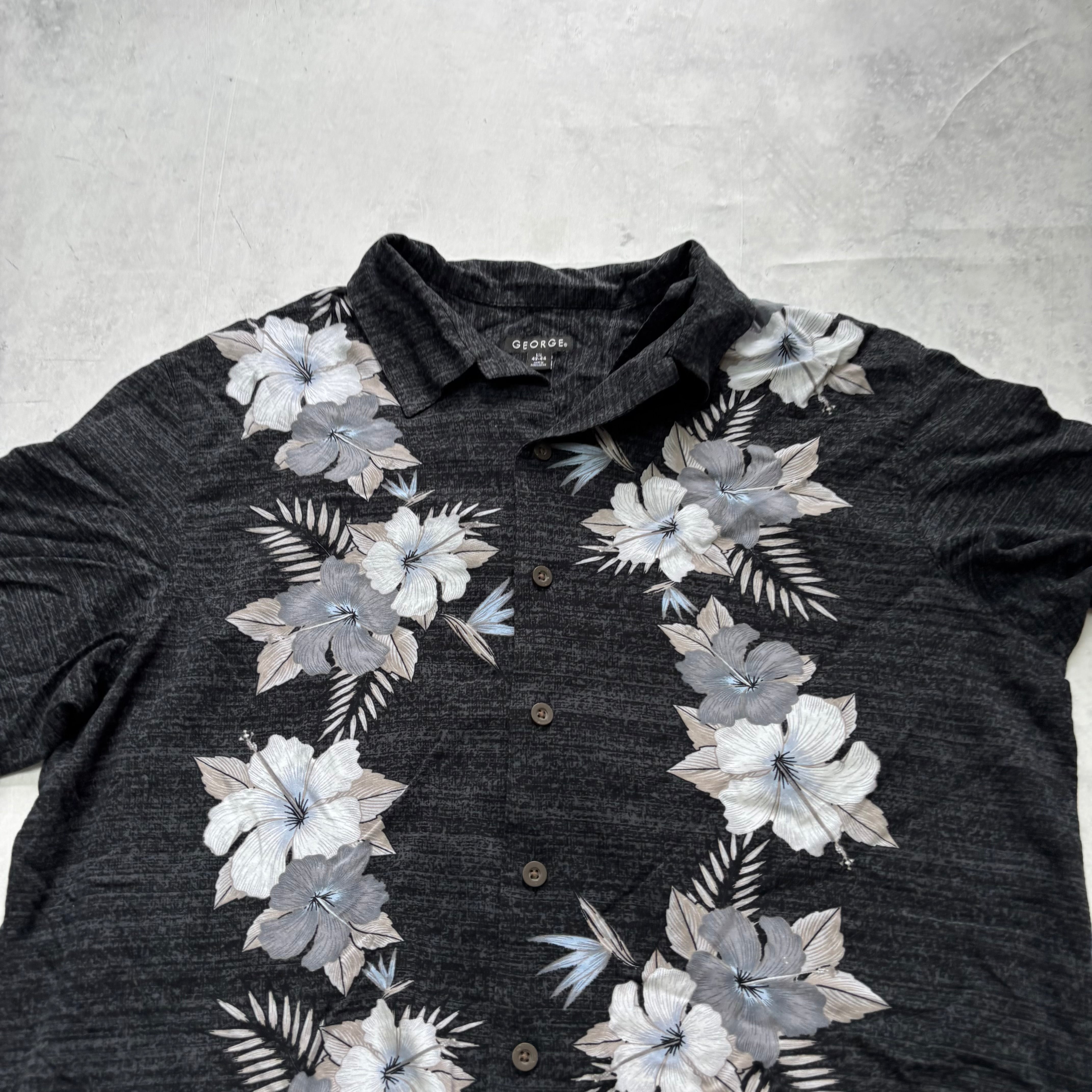 Hawaiian Shirt Mens Large Black Floral Aloha Short Sleeve Rayon (E)