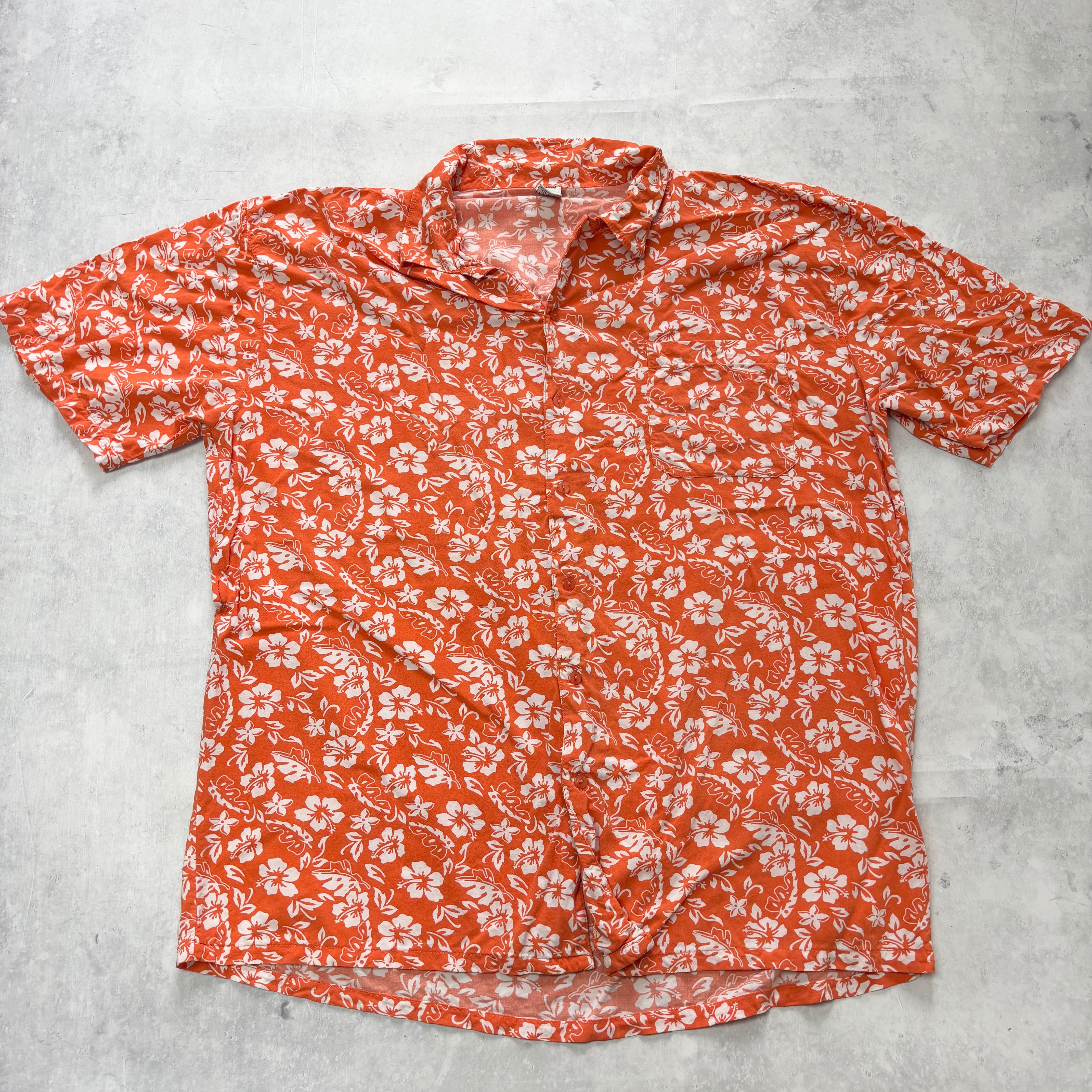 Hawaiian Shirt Mens XL Orange Floral Aloha Short Sleeve Rayon Vintage (E)