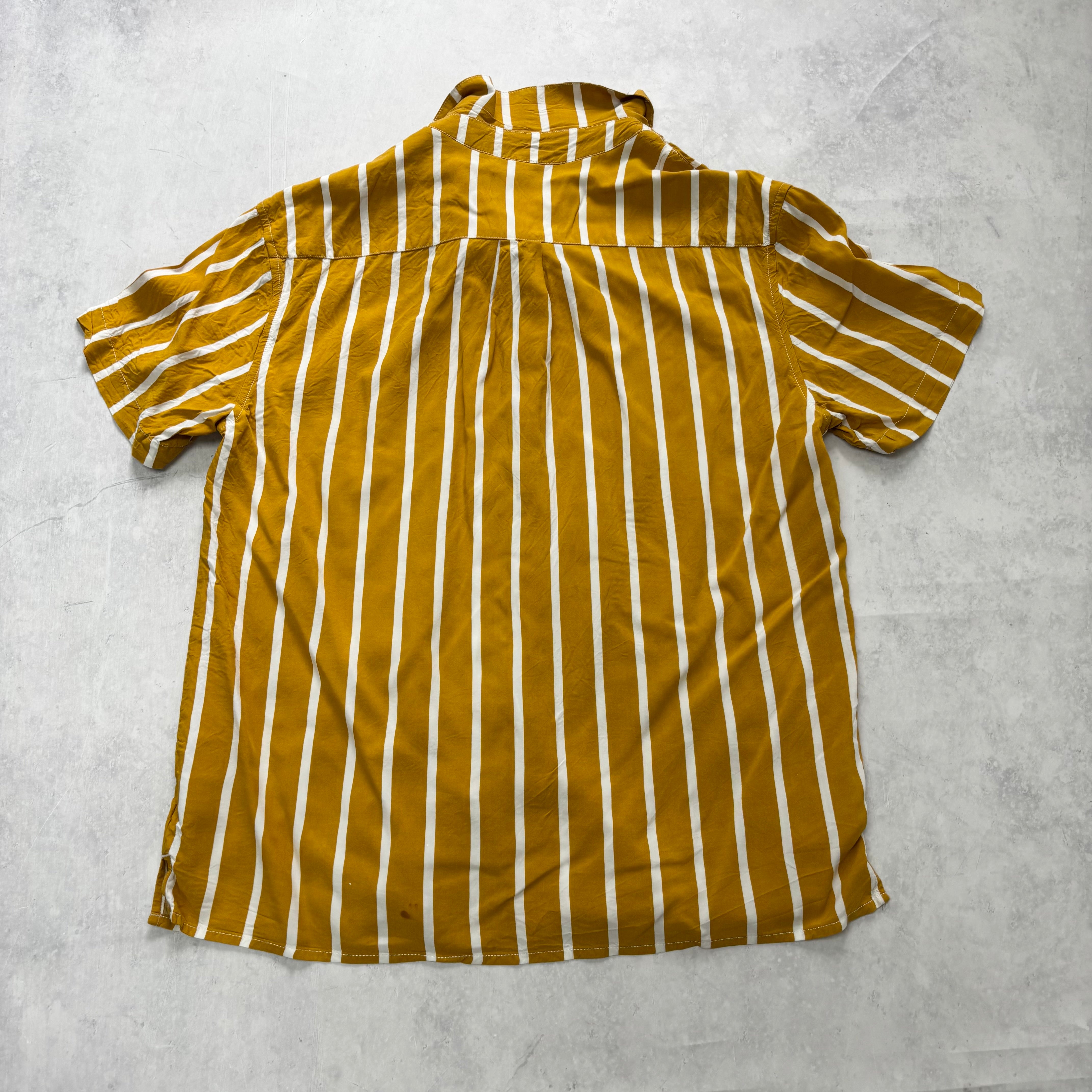 Mens Striped Shirt Medium Yellow Short Sleeve Rayon