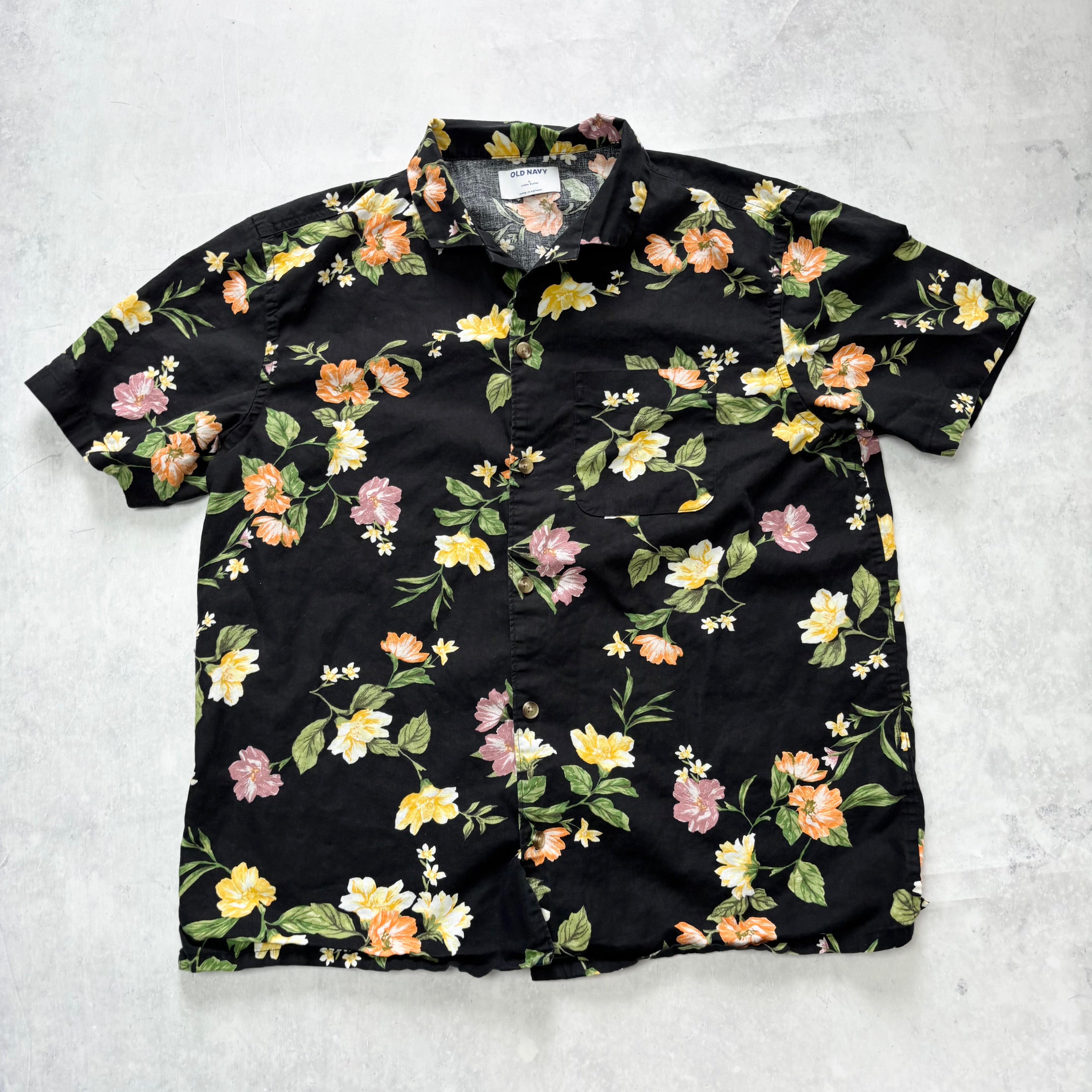 Old Navy Hawaiian Shirt Mens Large Black Floral Aloha Short Sleeve Linen (E)