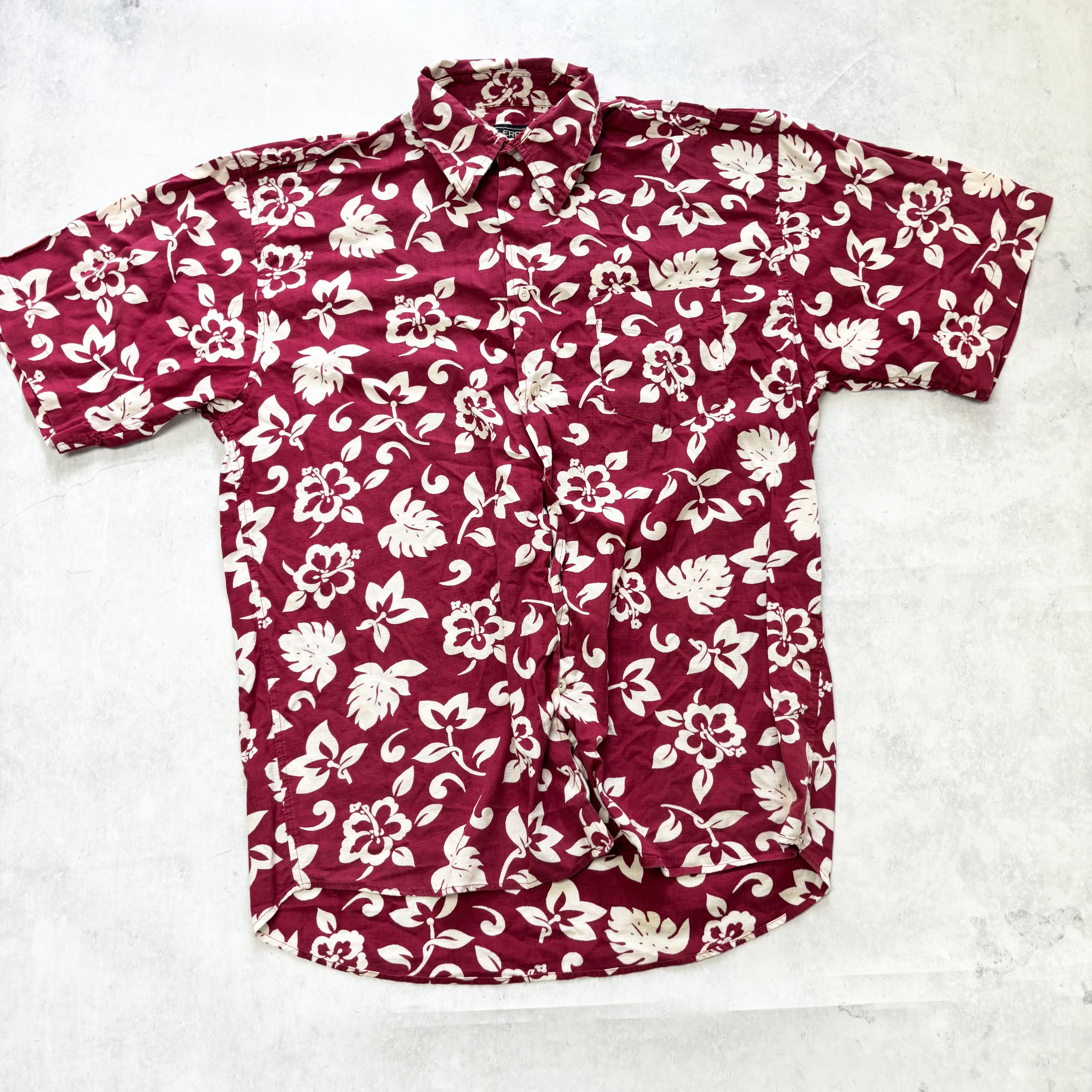 Hawaiian Shirt Mens Medium Burgundy Red Floral Aloha Short Sleeve Cotton (E)