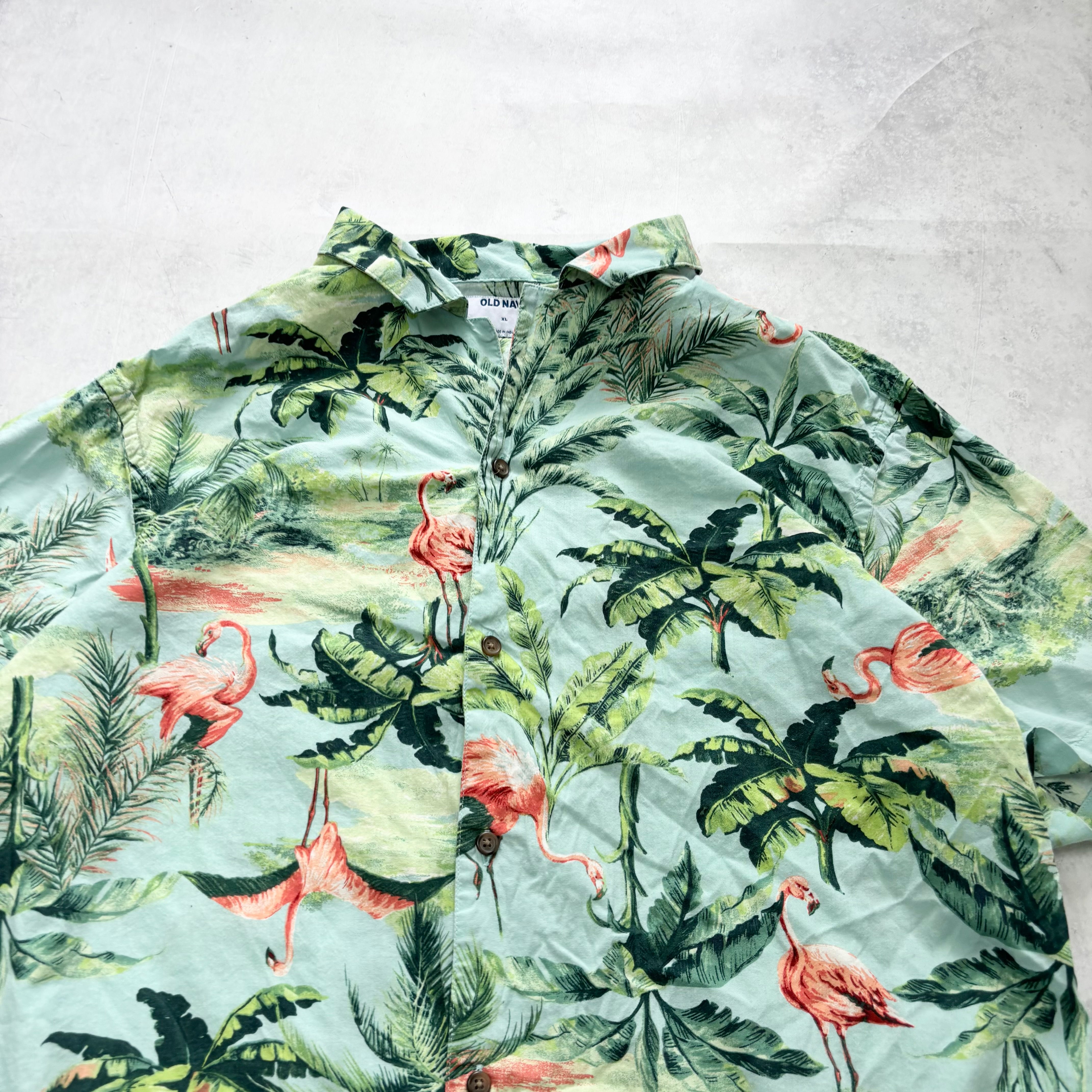 Hawaiian Shirt Mens XL Green Floral Aloha Short Sleeve Viscose (E)