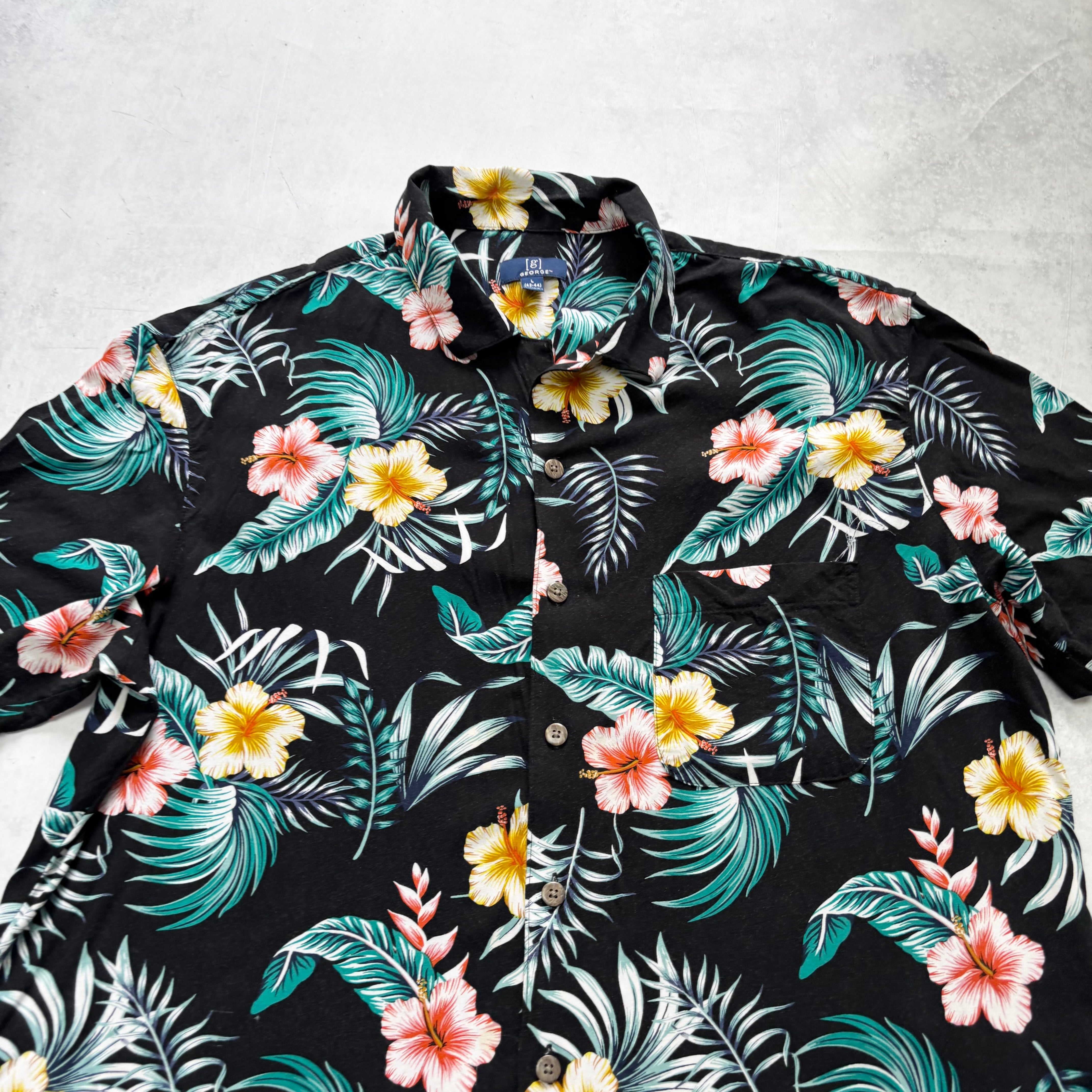 Hawaiian Shirt Mens Large Black Floral Aloha Short Sleeve Rayon (E)