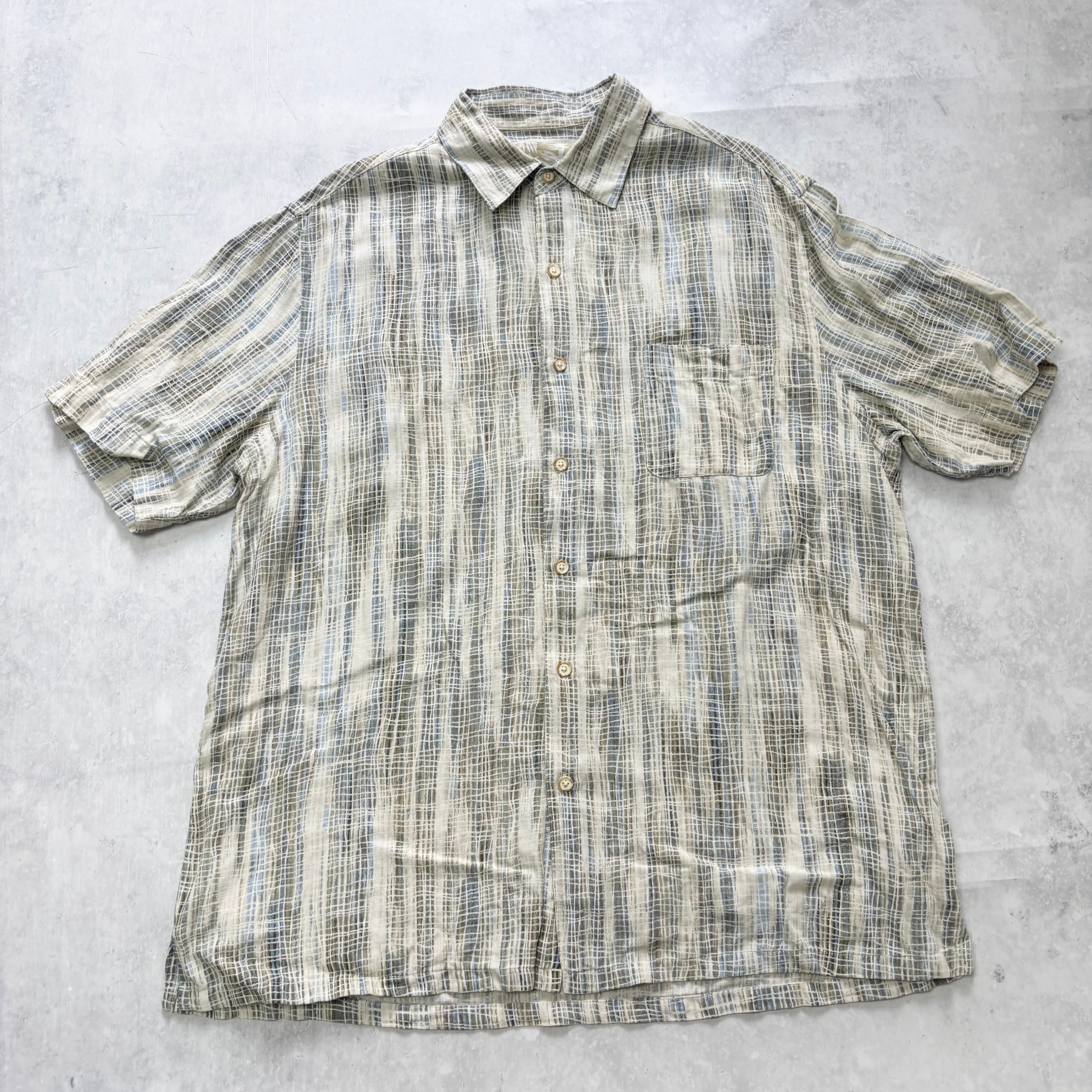 Vintage Shirt Mens Large Abstract Pattern Short Sleeve Silk Linen Blend (E)