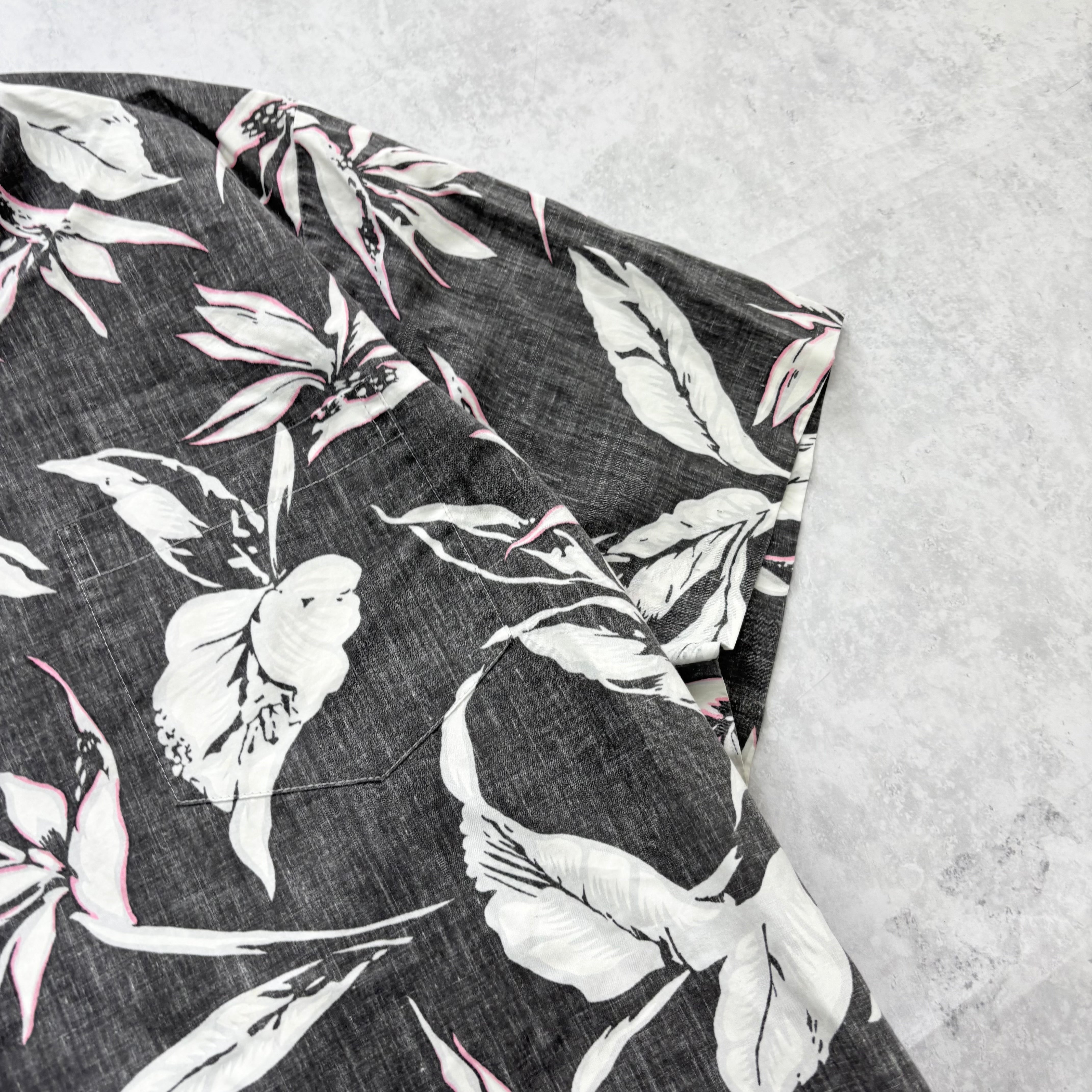 Vintage Hawaiian Shirt Mens XXL Grey Floral Aloha Short Sleeve Cotton (E)