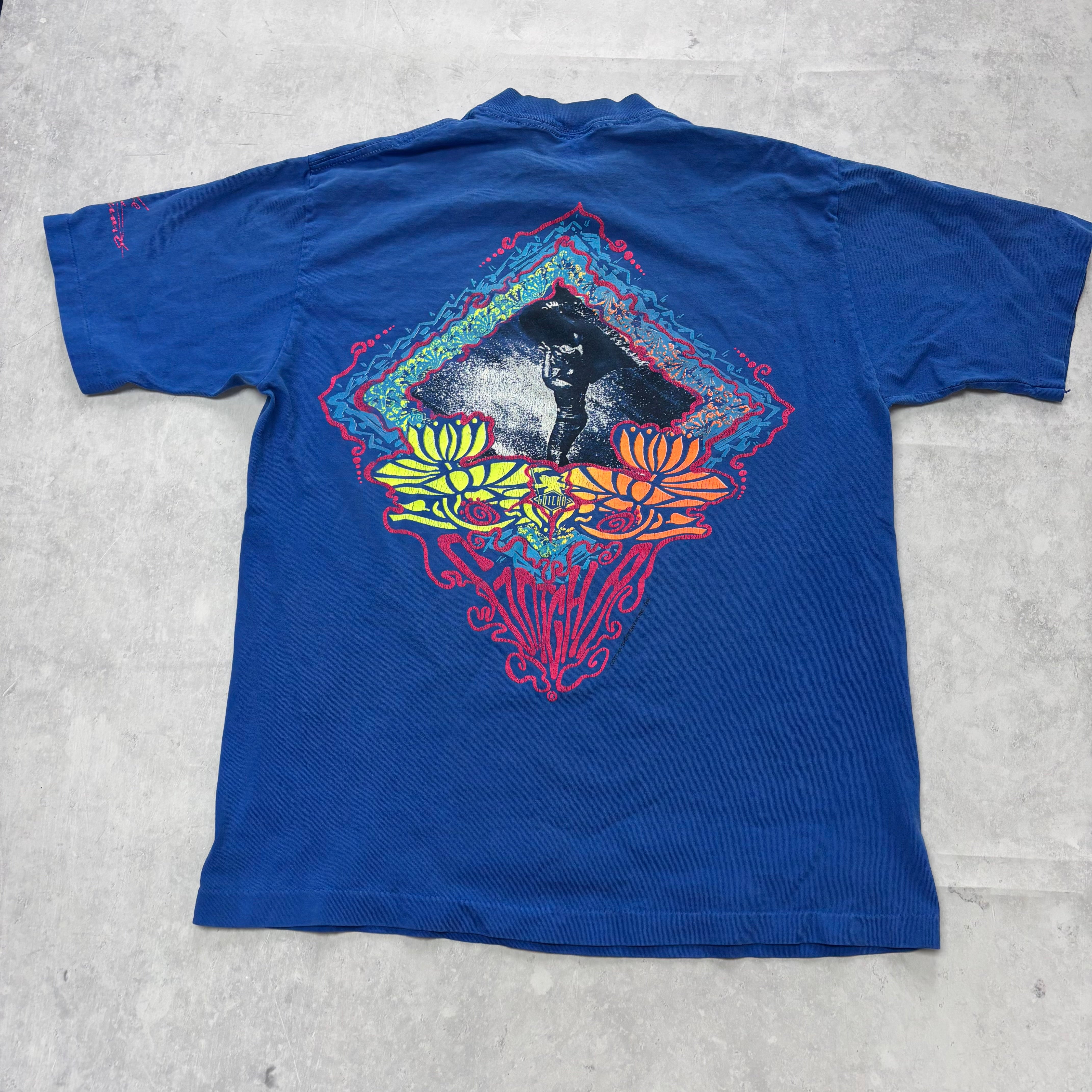 Vintage T Shirt Mens Medium Blue Single Stitch Graphic Print 90s Surfing