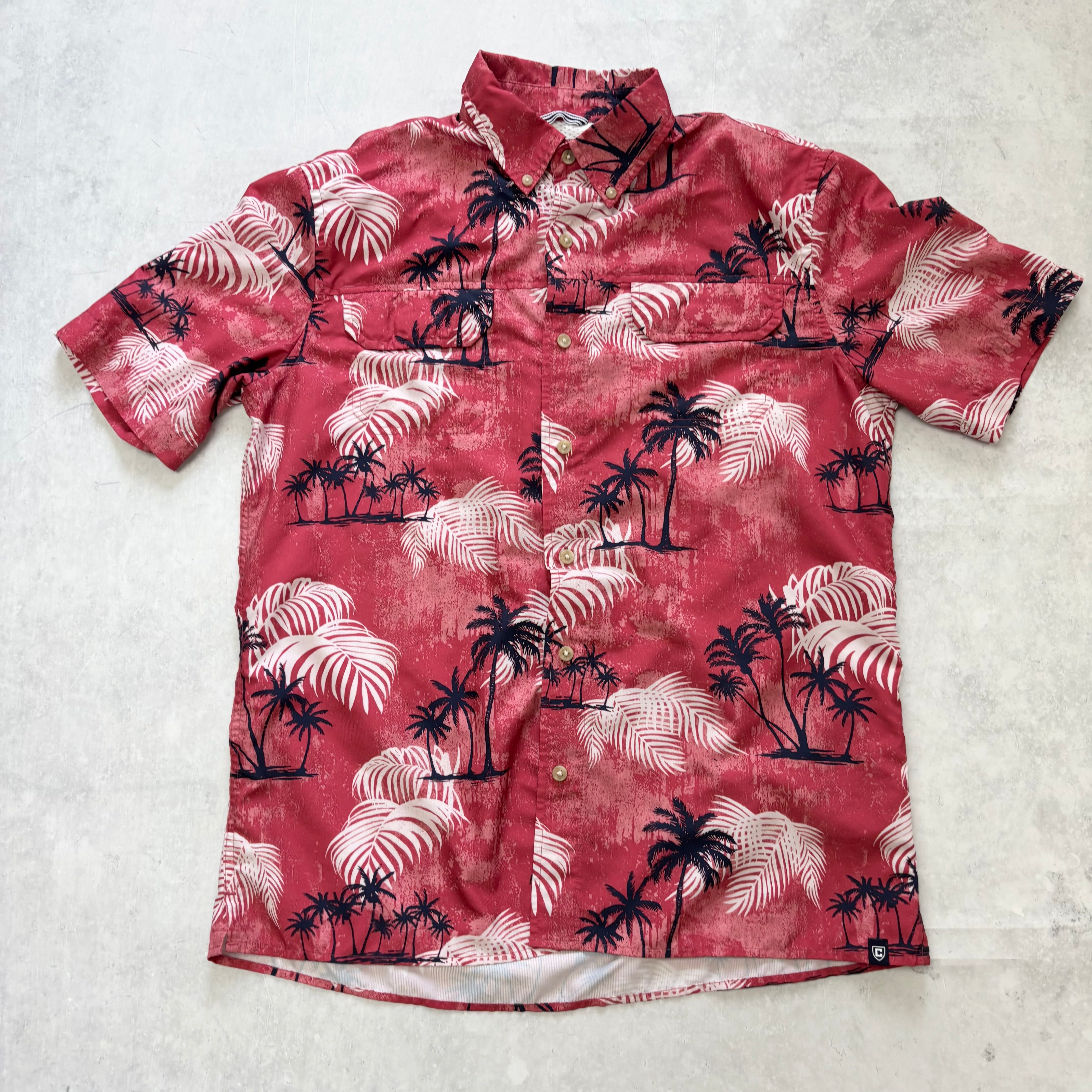 Chaps Hawaiian Shirt Mens Medium Red Floral Aloha Short Sleeve Polyester (E)
