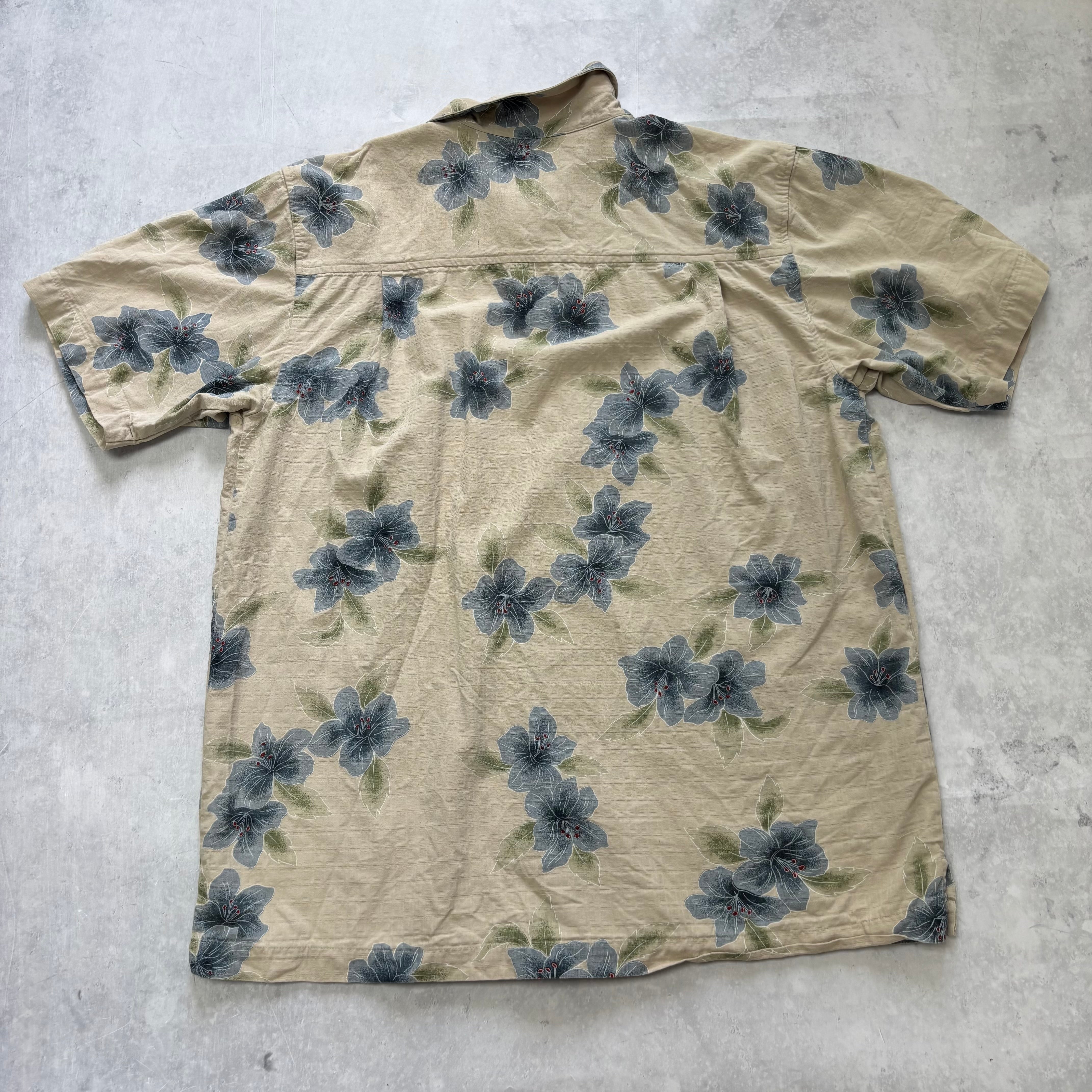 Vintage Hawaiian Shirt Mens Large Beige Silk Floral Aloha Short Sleeve