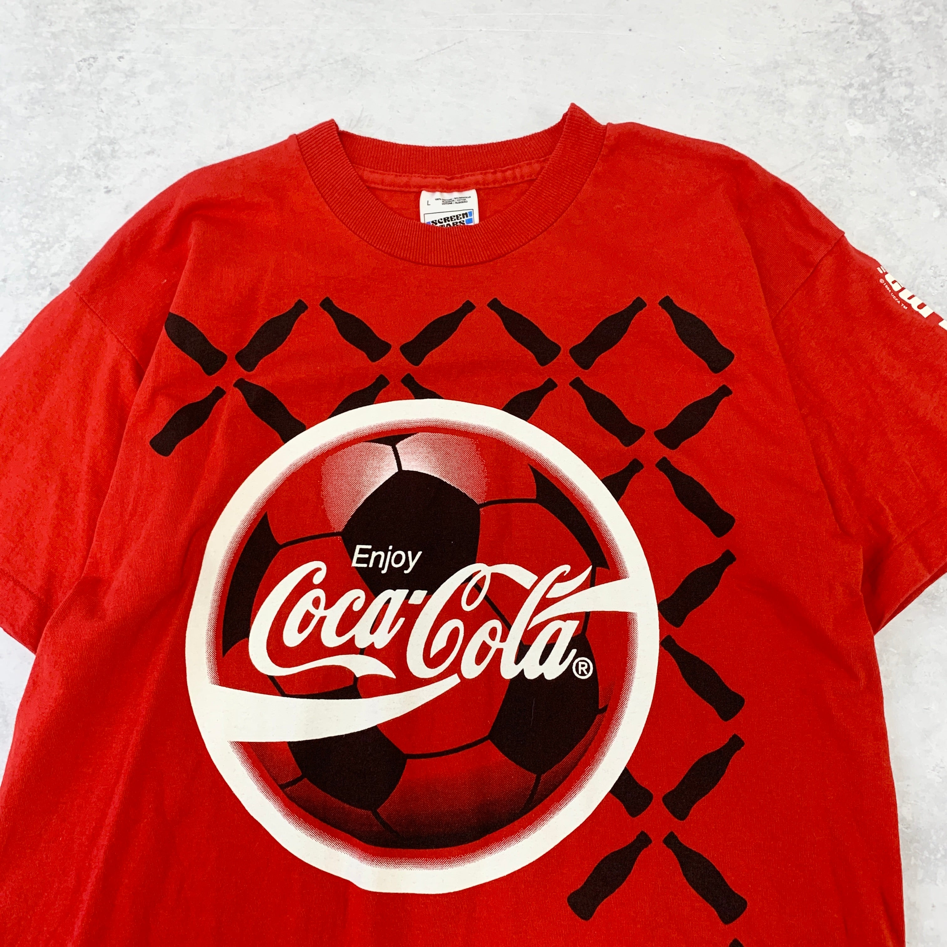 Vintage T Shirt Mens Large Red Single Stitch Graphic 90s Euros Football Coca Cola