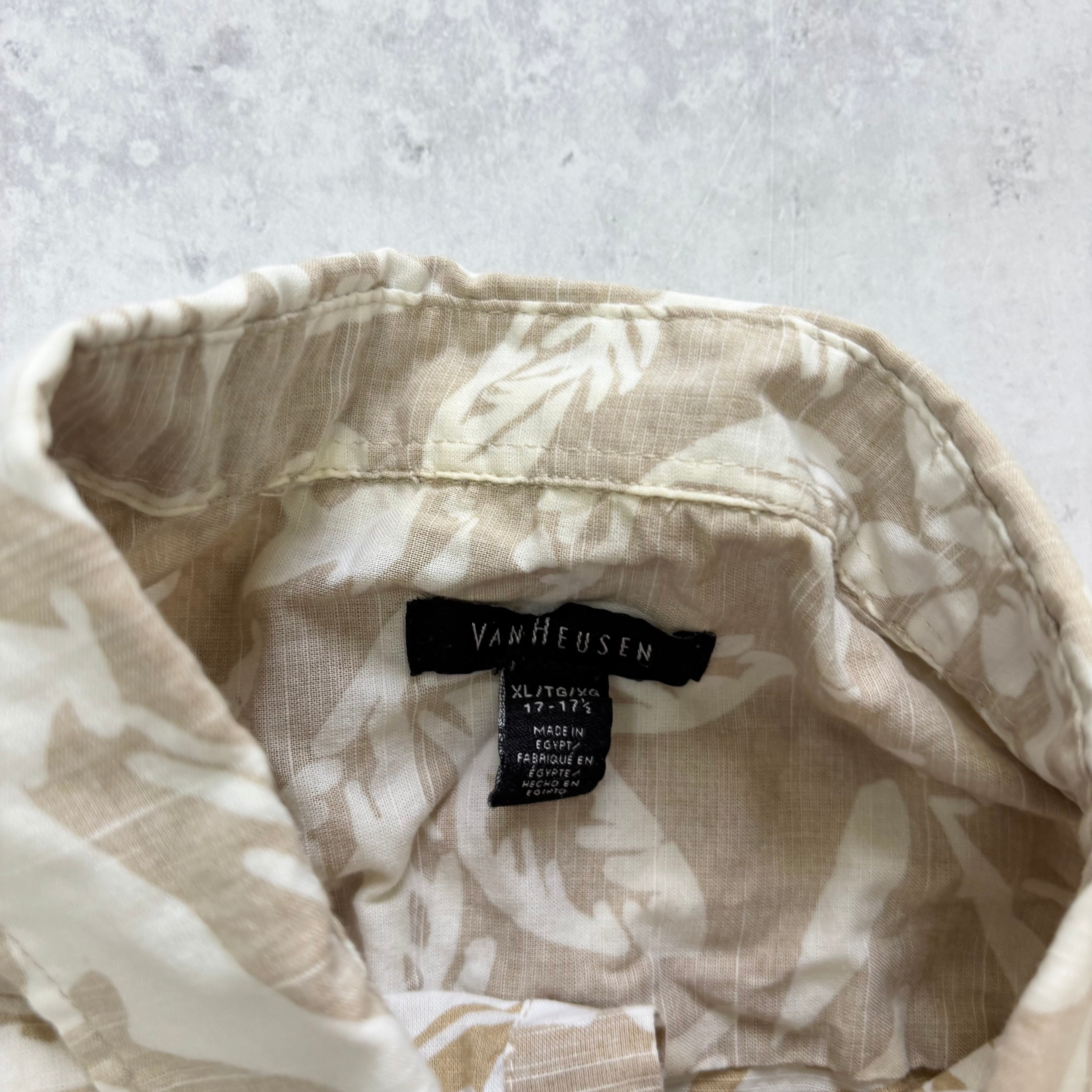 Hawaiian Shirt Mens XL Beige Floral Aloha Short Sleeve Cotton (E)