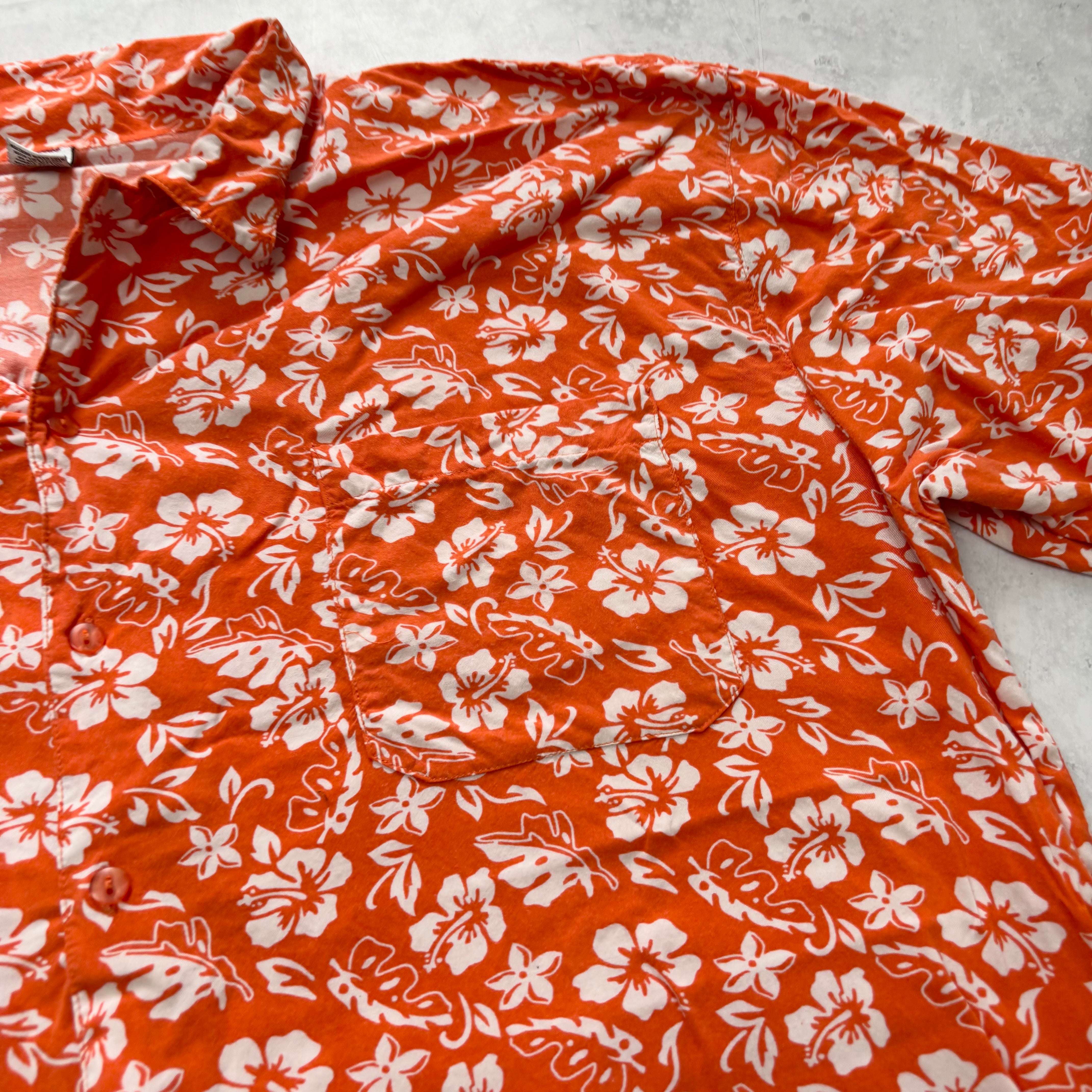 Hawaiian Shirt Mens XL Orange Floral Aloha Short Sleeve Rayon Vintage (E)