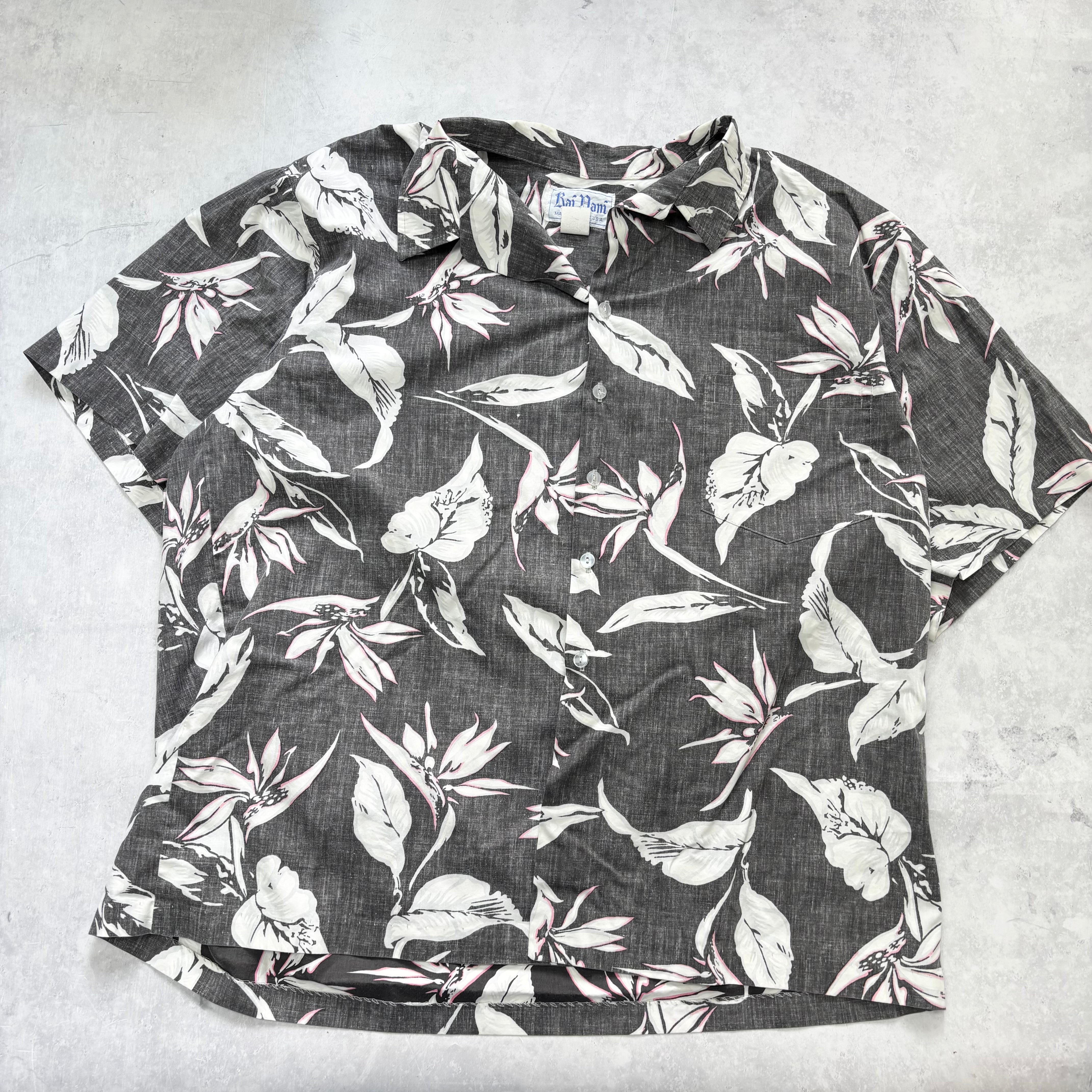 Vintage Hawaiian Shirt Mens XXL Grey Floral Aloha Short Sleeve Cotton (E)