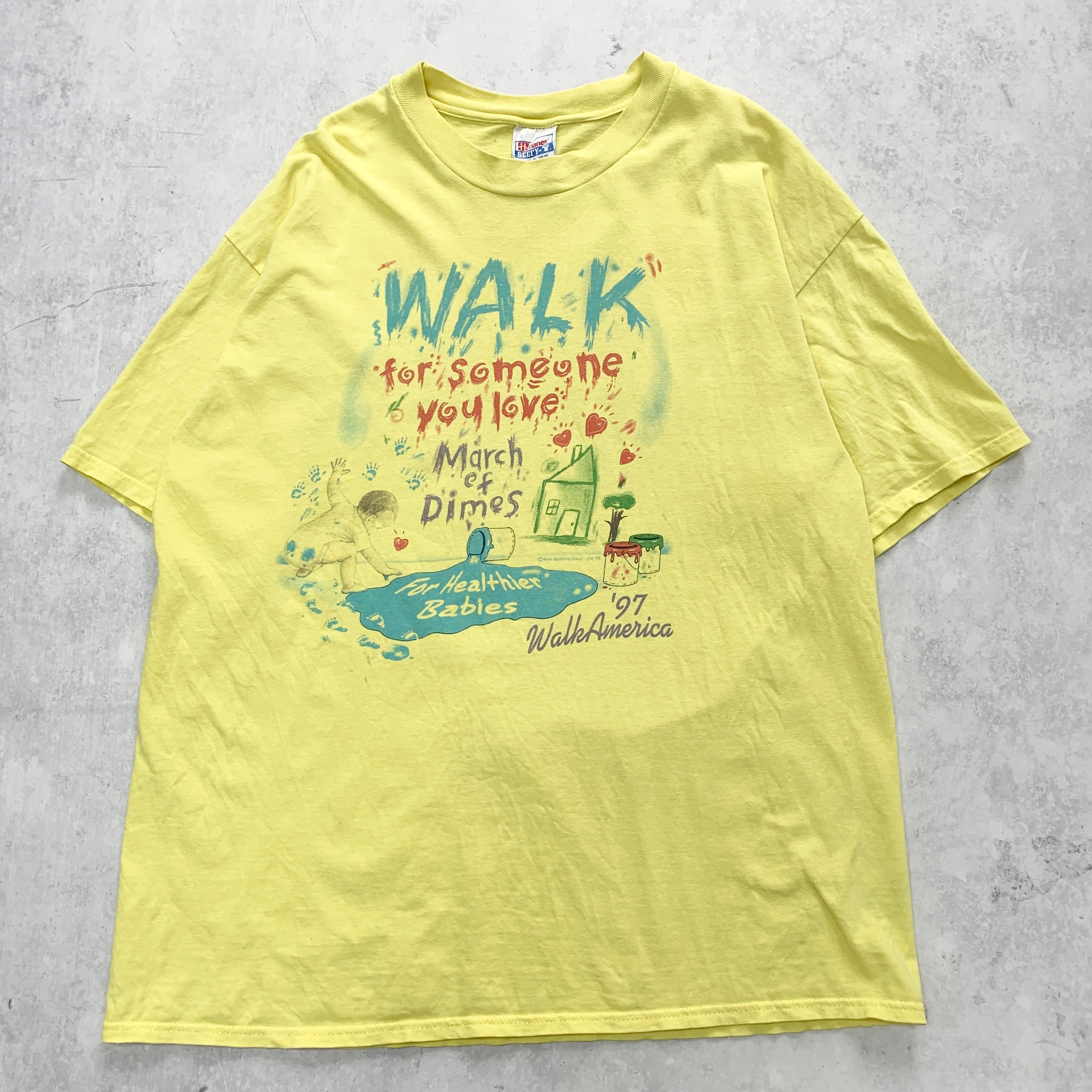 Vintage T Shirt Mens XL Yellow Graphic Print 90s USA Walkathon