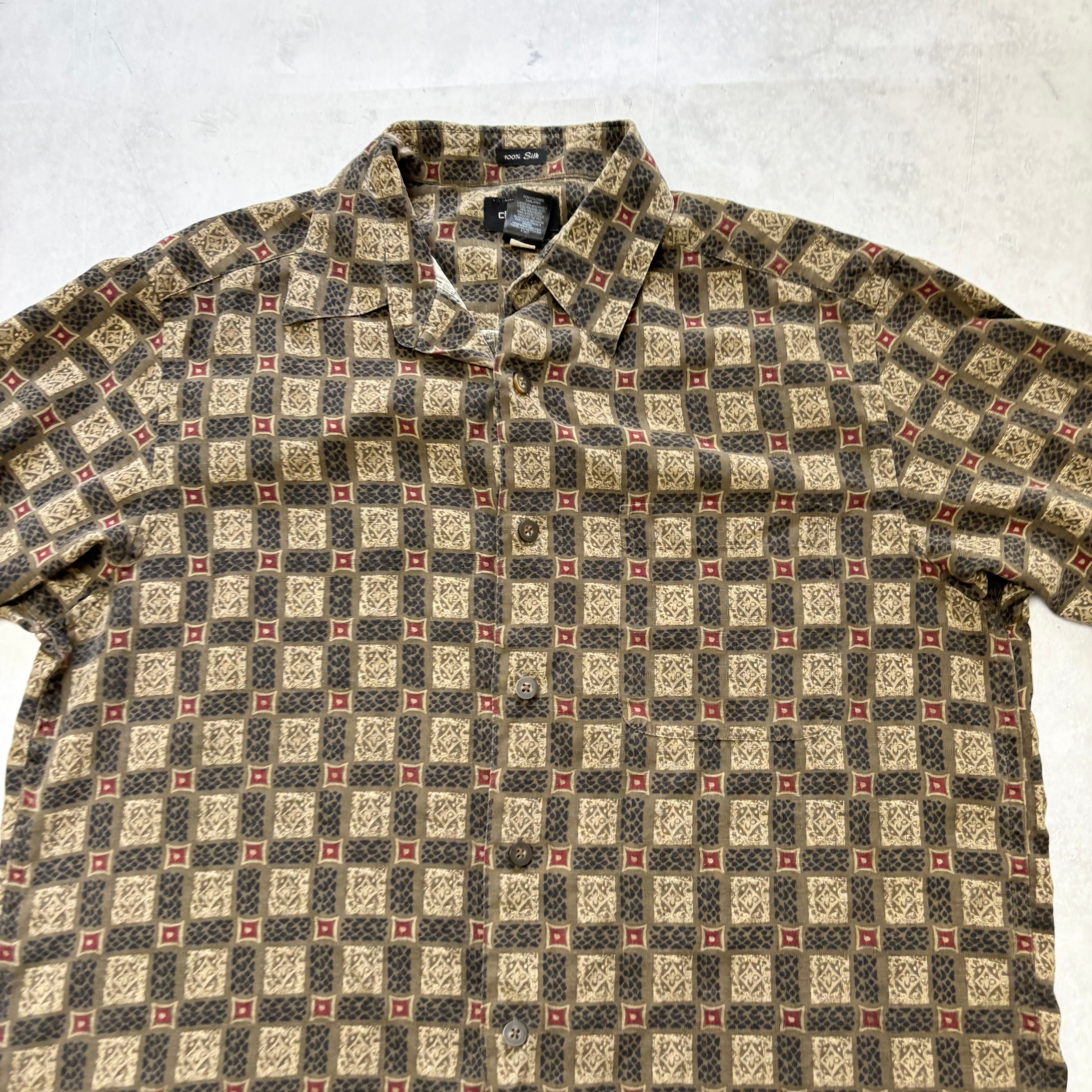 Vintage Shirt Mens Medium Brown Abstract Pattern Short Sleeve Silk (E)