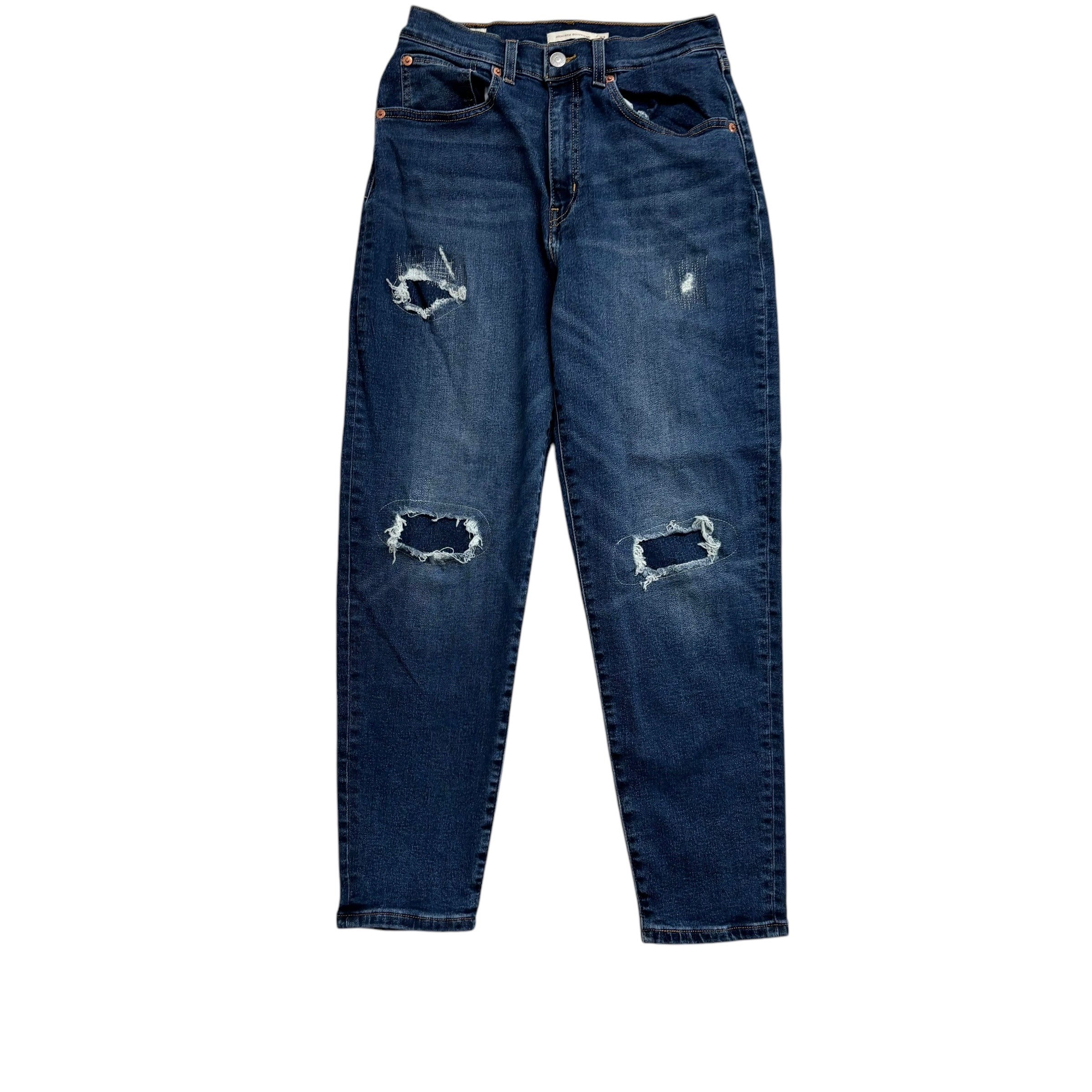 Levis Boyfriend Jeans W27 L27 Womens Mid Blue High Rise Distressed Stretch Denim
