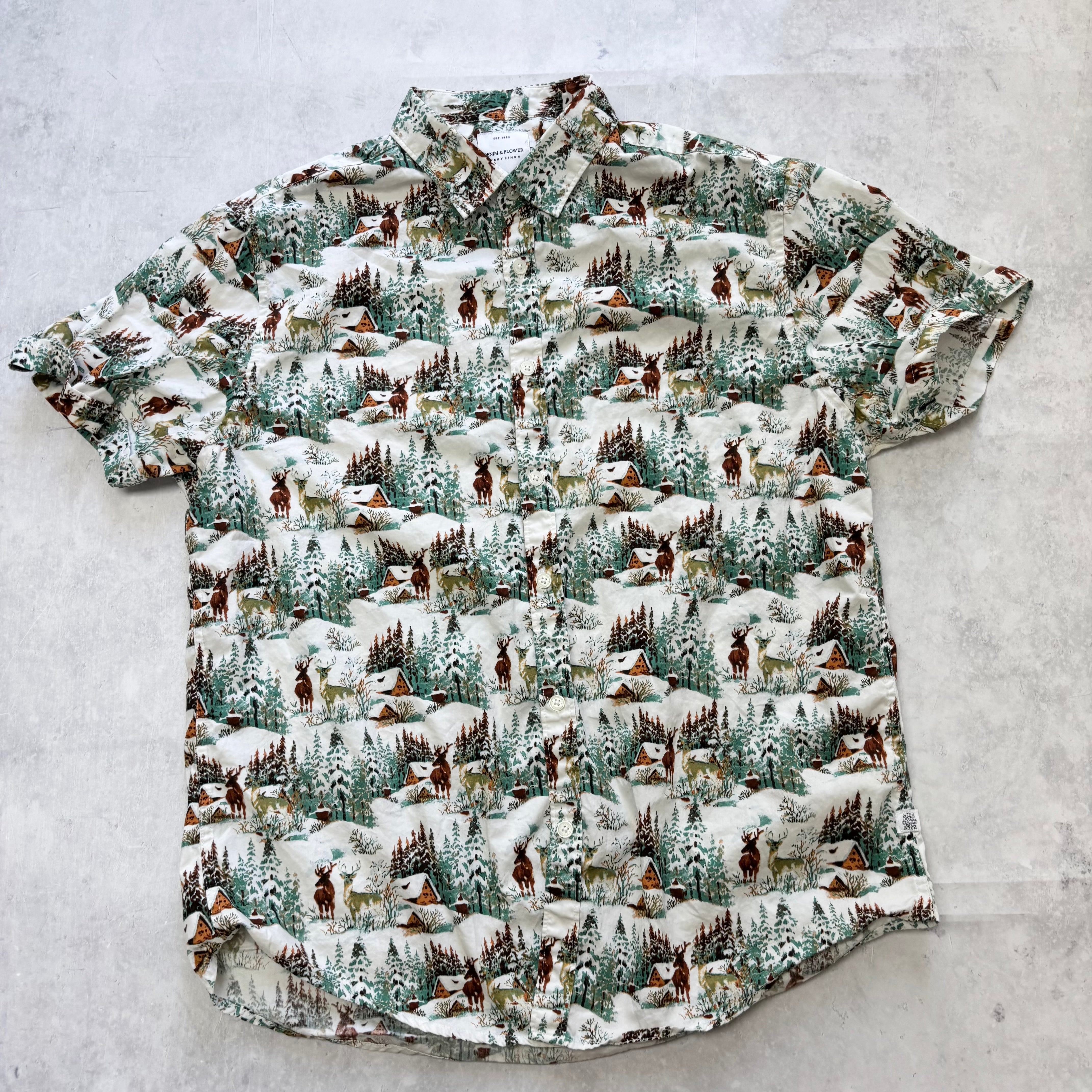 Hawaiian Shirt Mens Large Green Floral Aloha Short Sleeve Slim Fit Cotton (E)