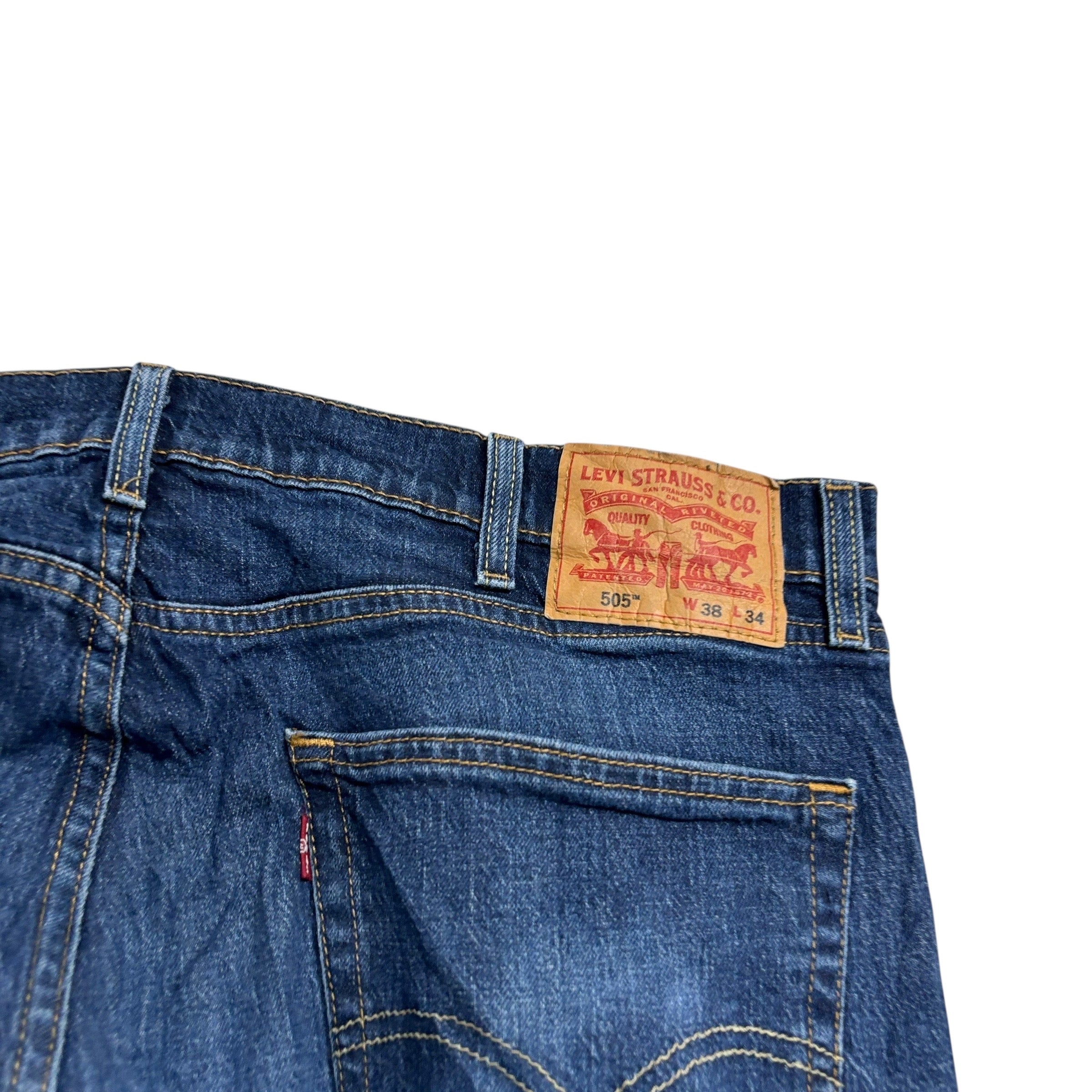 Levis 505 Jeans W38 L34 Mens Dark Blue Regular Straight Fit Stretch Denim (E)